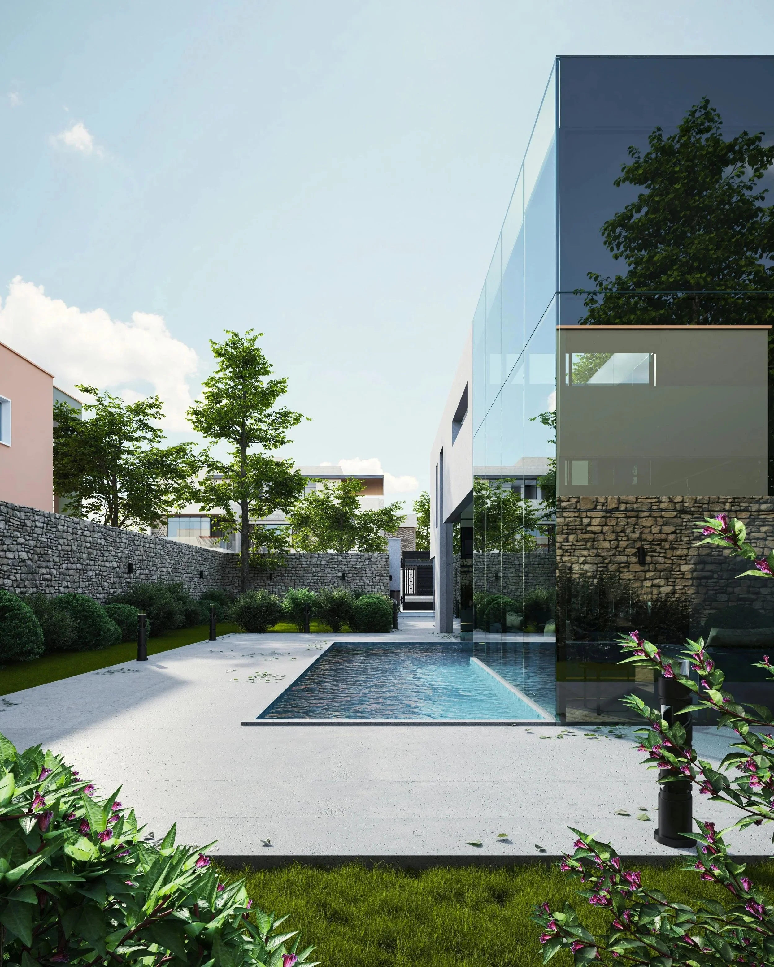 Modern house with a glass exterior, a small pool, and landscaped garden with trees and bushes.