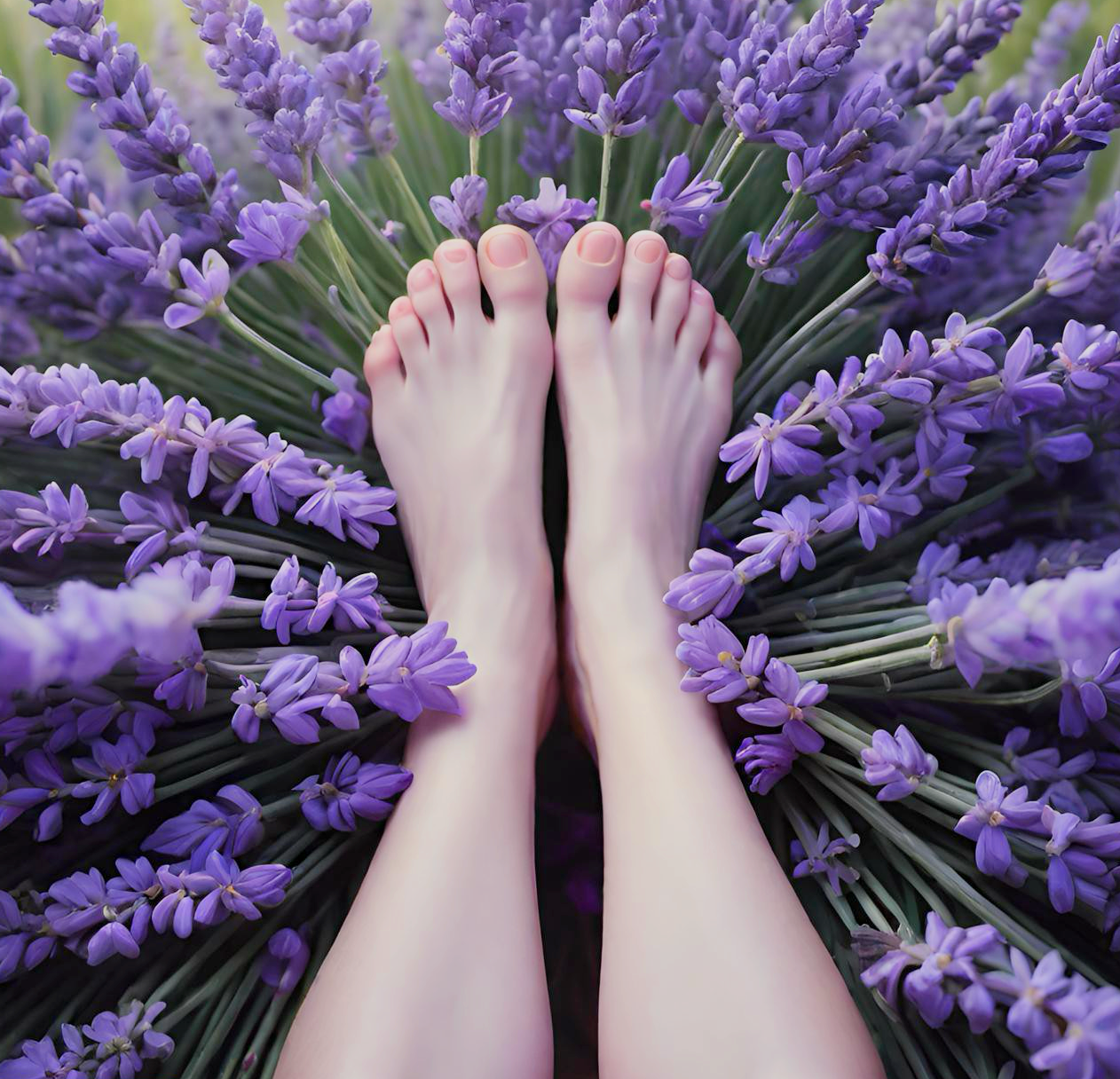 Zwei menschliche Füße stehen auf einer Vielzahl von lila Lavendelblüten.