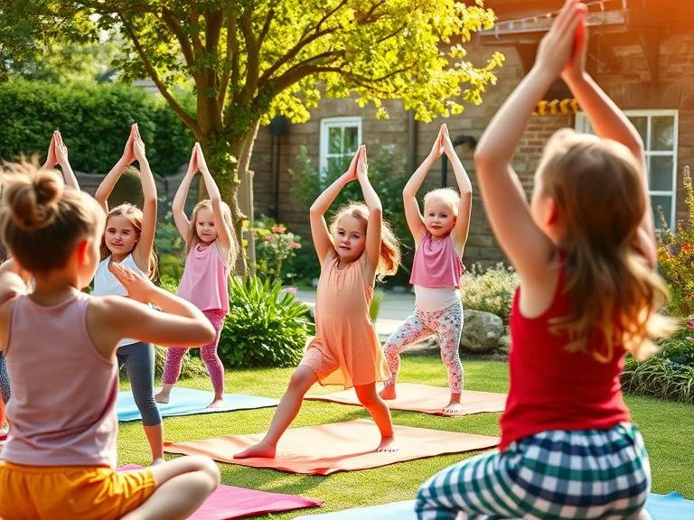Kinder machen Yoga im Garten an einem sonnigen Tag.