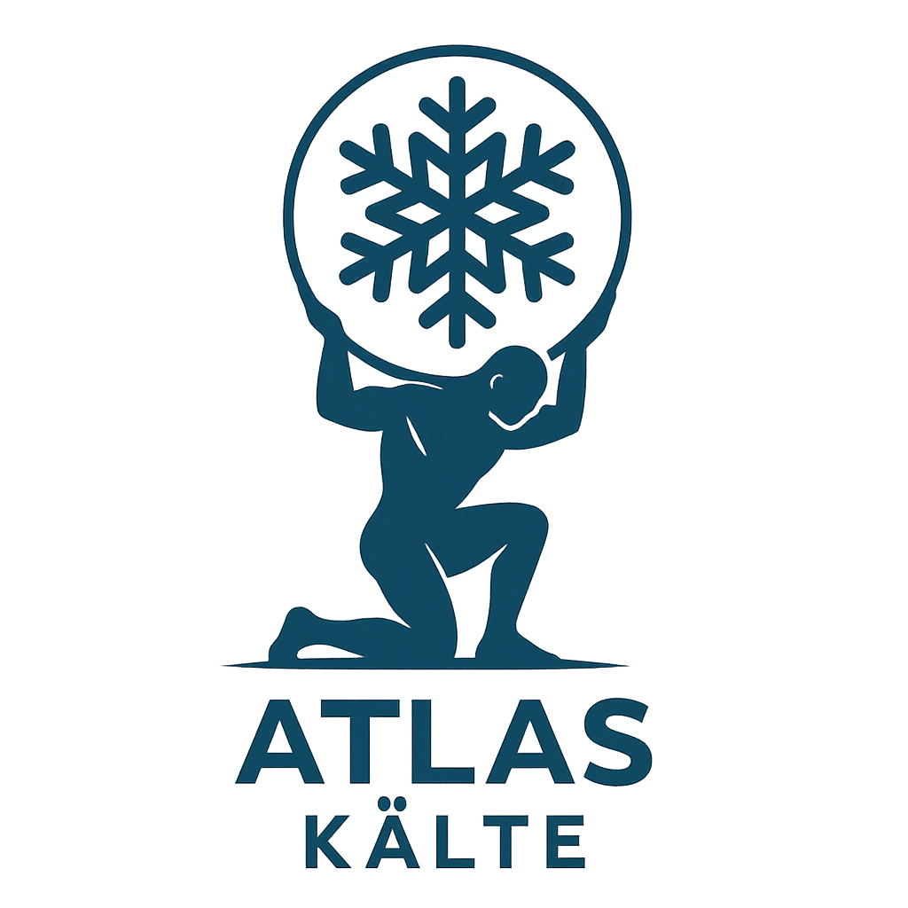 Ein blauer kniender Mensch hält einen Kreis mit einer Schneeflocke darin, darunter steht der Text 'ATLAS KÄLTE'.