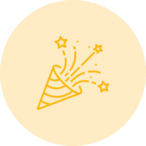 Illustration of a party popper with stars and confetti coming out.