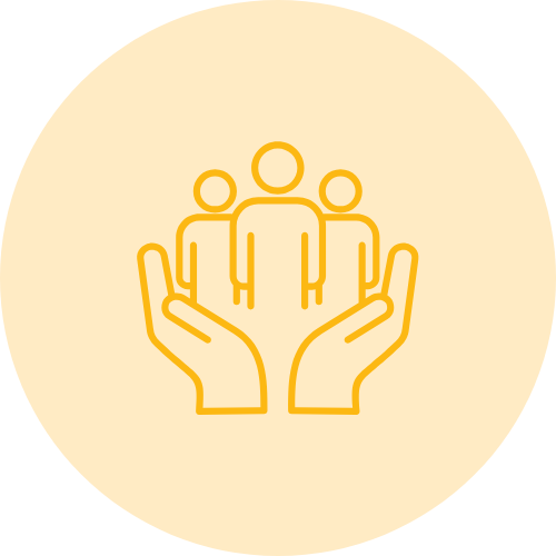 Outline of two hands holding three human figures, symbolizing support or community.
