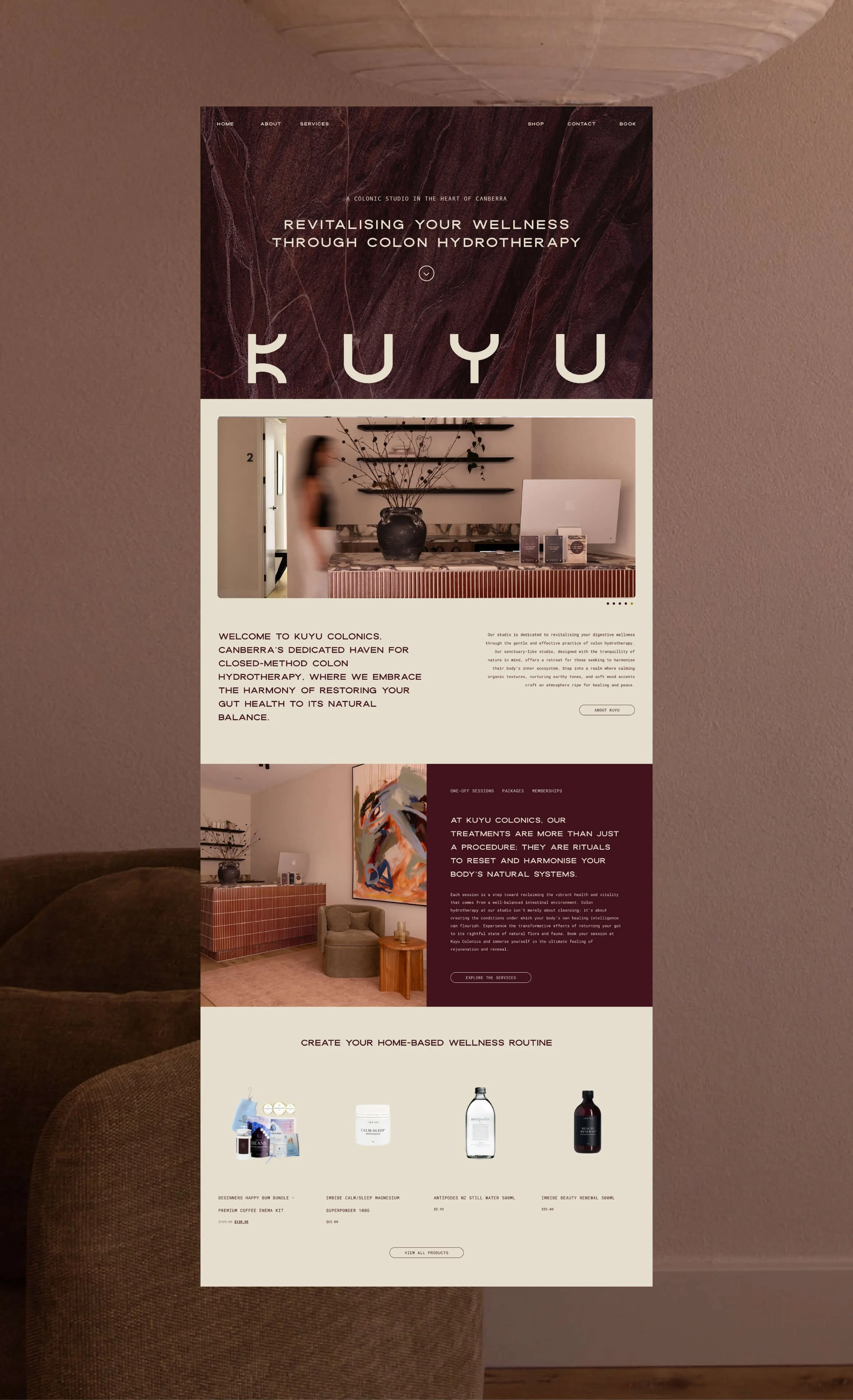 Screenshot of a wellness website for KUYU Colonics, featuring sections about colon hydrotherapy, treatment packages, and wellness products, with images of a reception area, artwork, and wellness supplies.