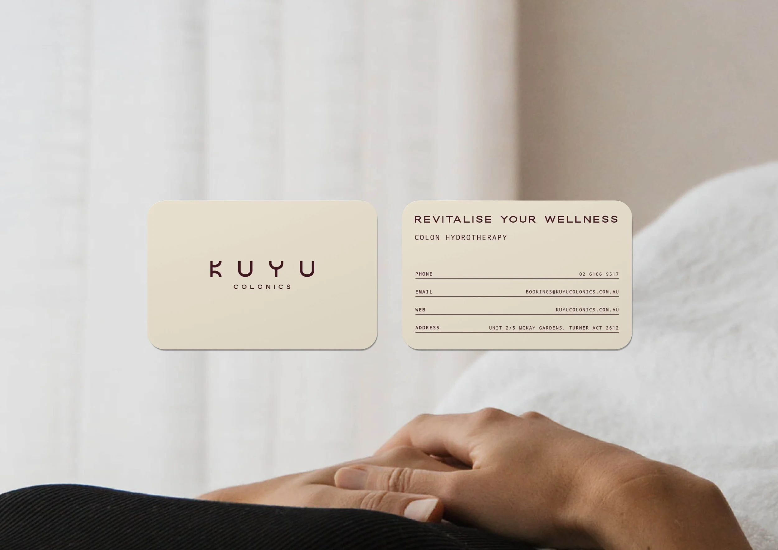 Kuyu Colonics business cards design by Melbourne based graphic designer Robyn Colton
