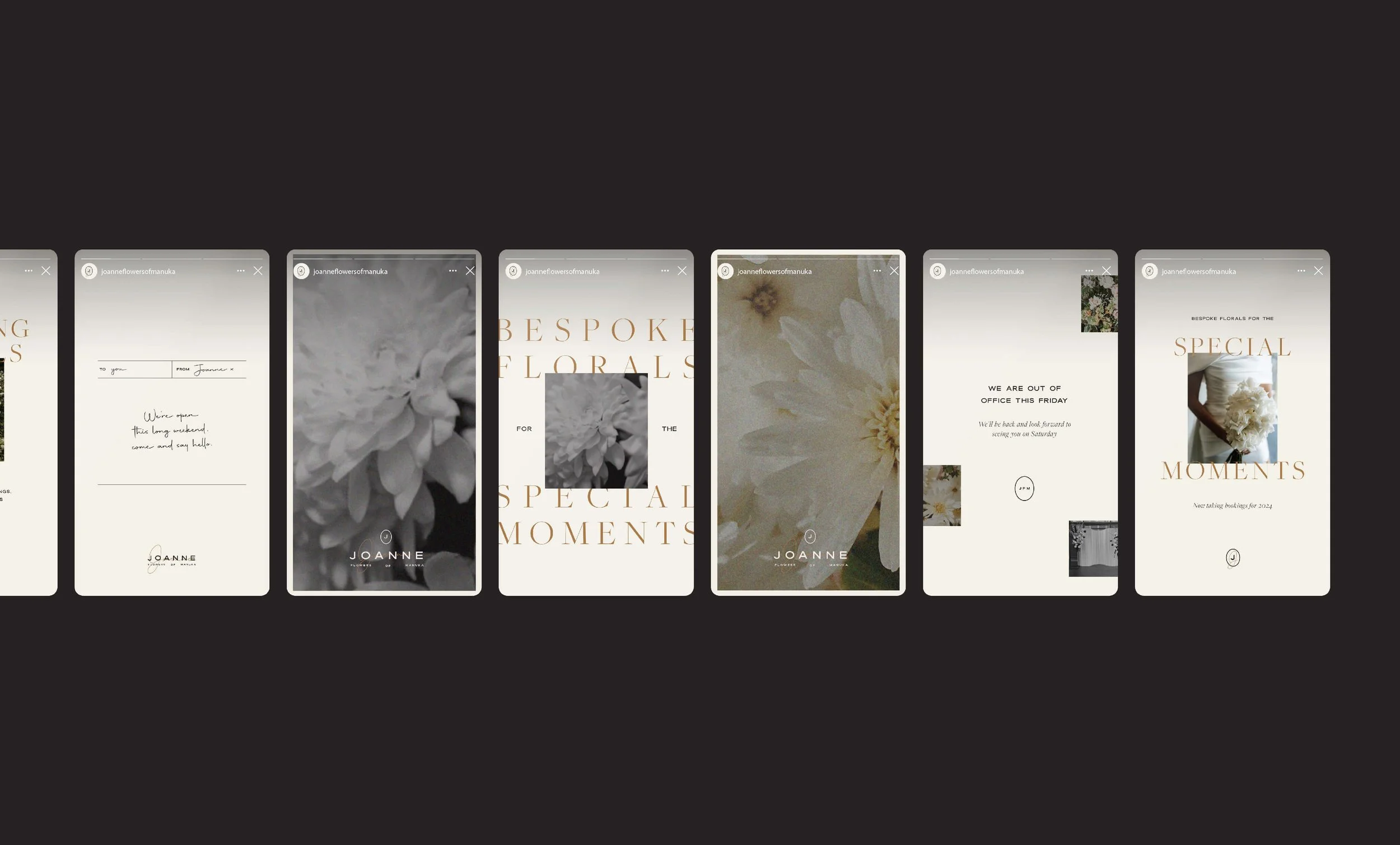 Series of social media posts for a floral business, featuring images of white flowers, text about floral services and office closure, and a photo of a person holding a white floral arrangement.