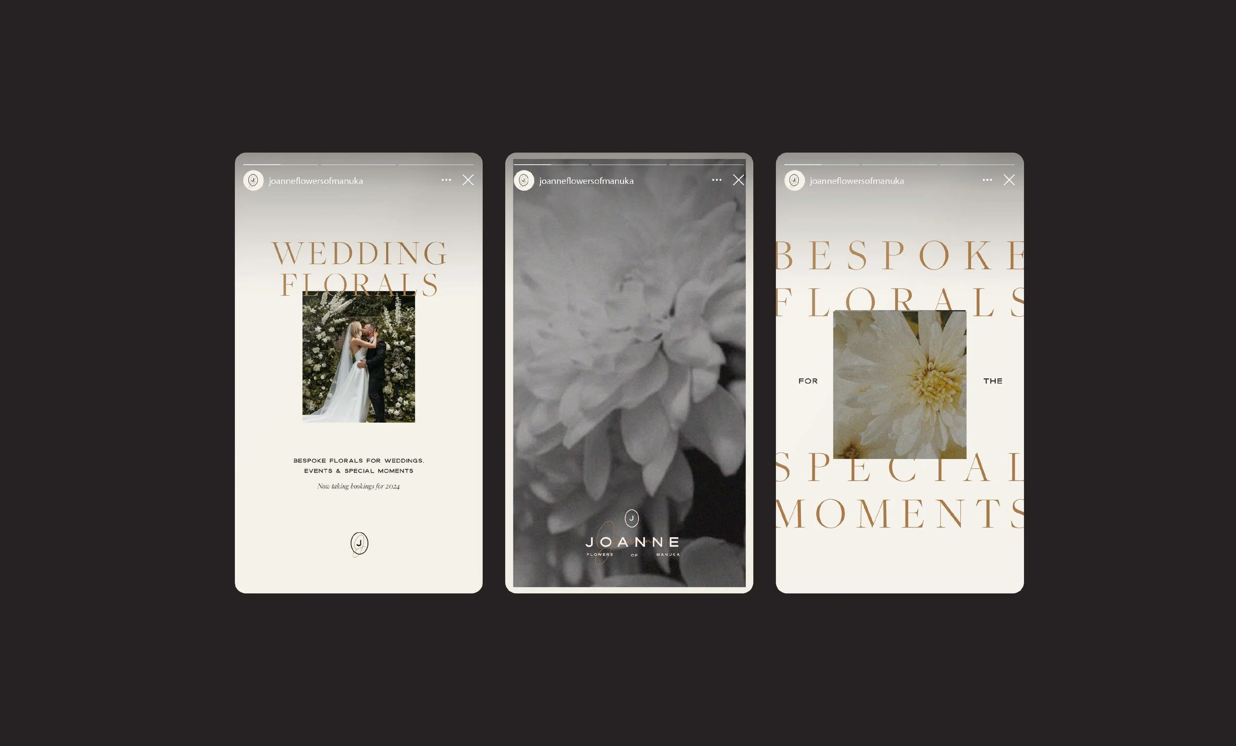 Three vertical screens displaying floral arrangements and wedding photography with elegant text for a floral service website.