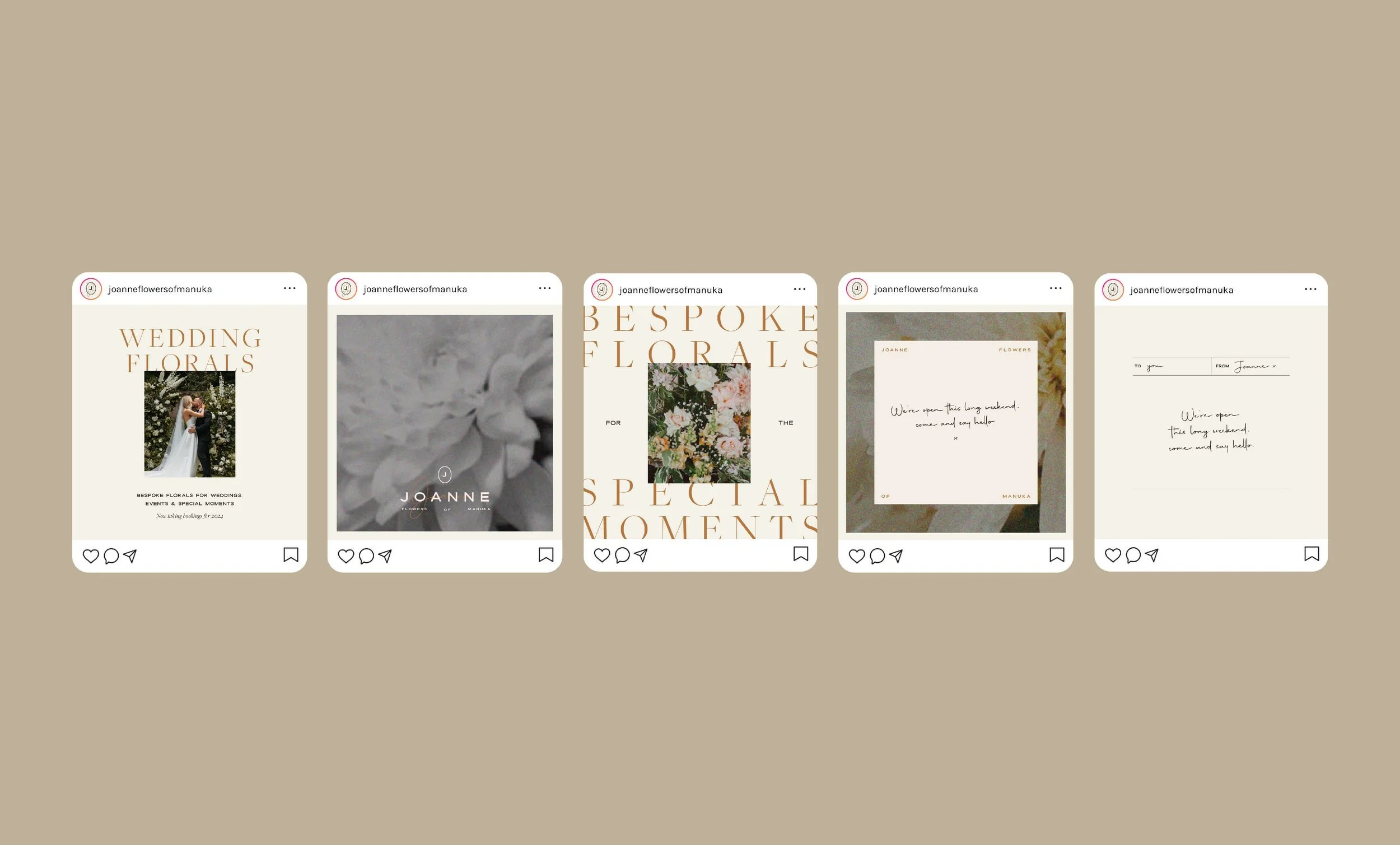 Strip of five Instagram posts for a flower business, featuring wedding florals, a black-and-white close-up of a bride, floral arrangements, handwritten messages, and floral-themed design elements.