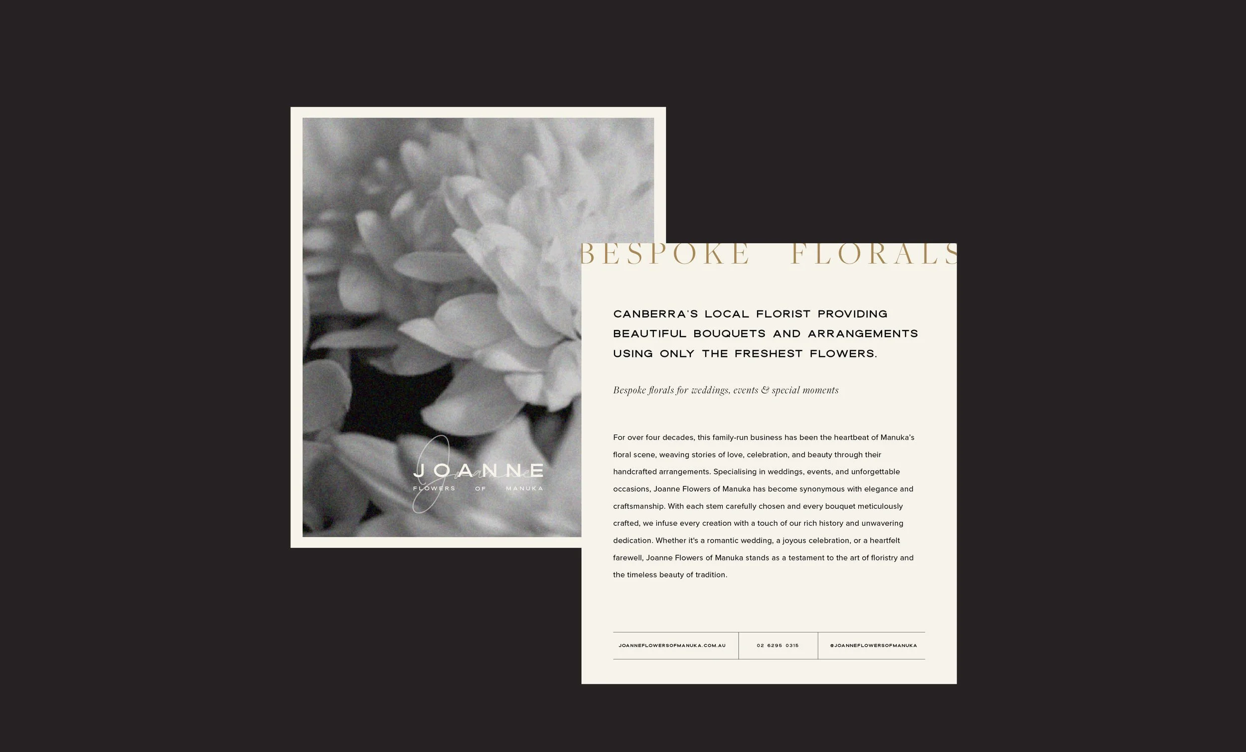 A flyer for Joanne Flowers of Manuka, a floral business offering bouquets and arrangements using fresh flowers, featuring a black and white image of roses and details about the business.