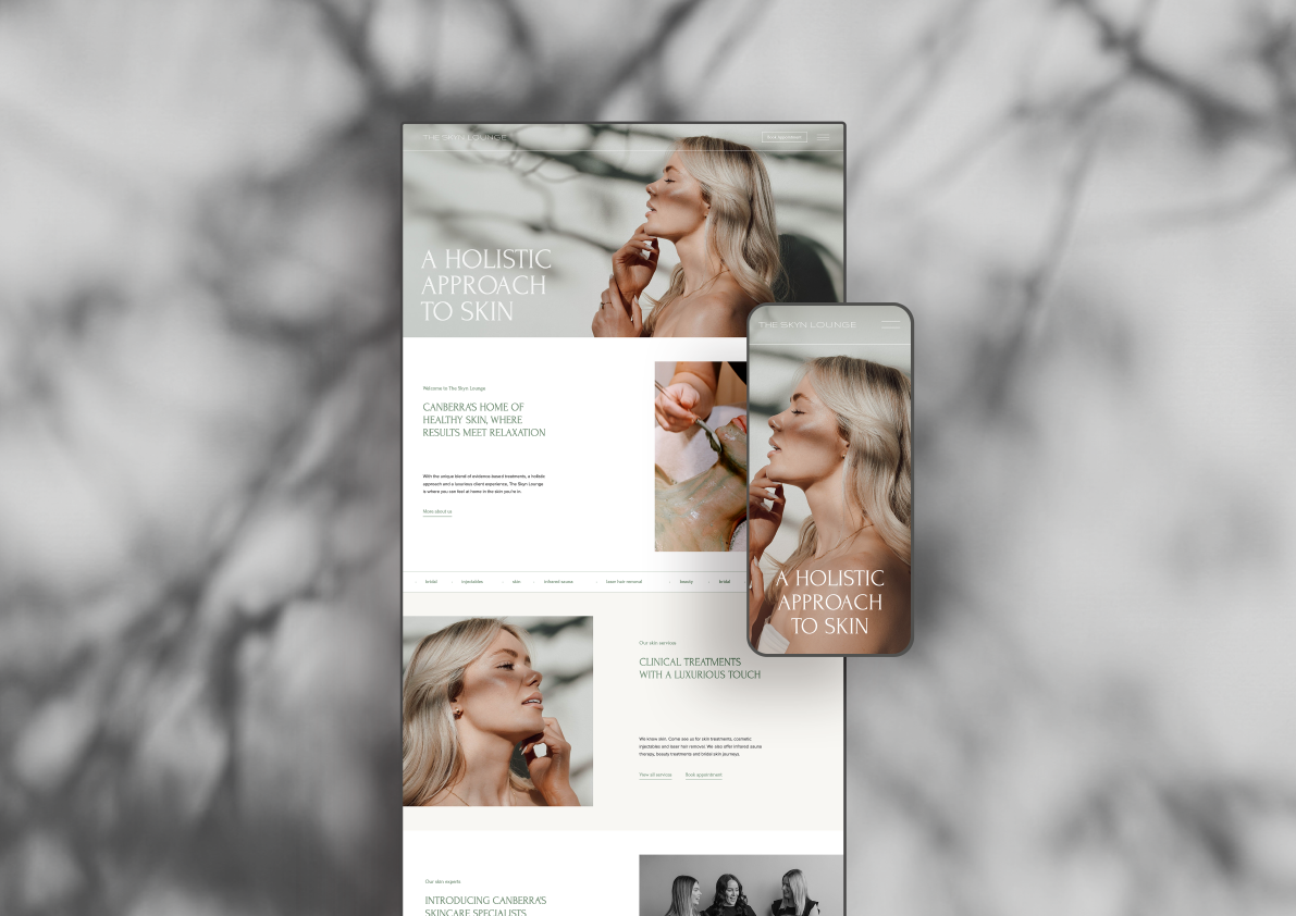Website and mobile screen showcasing a skincare lounge with text "A Holistic Approach to Skin," featuring a woman with long blonde hair, serene expression, and a clay mask application. Background with blurred shadows.