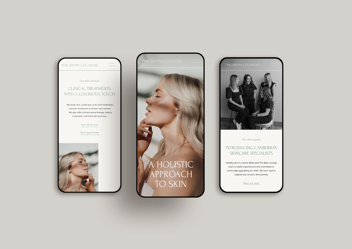 Three mobile screens displaying The Skyn Lounge website with skincare information and images. The first screen highlights clinical treatments; the second features a woman in a profile pose promoting a holistic approach to skin; the third introduces skincare specialists.
