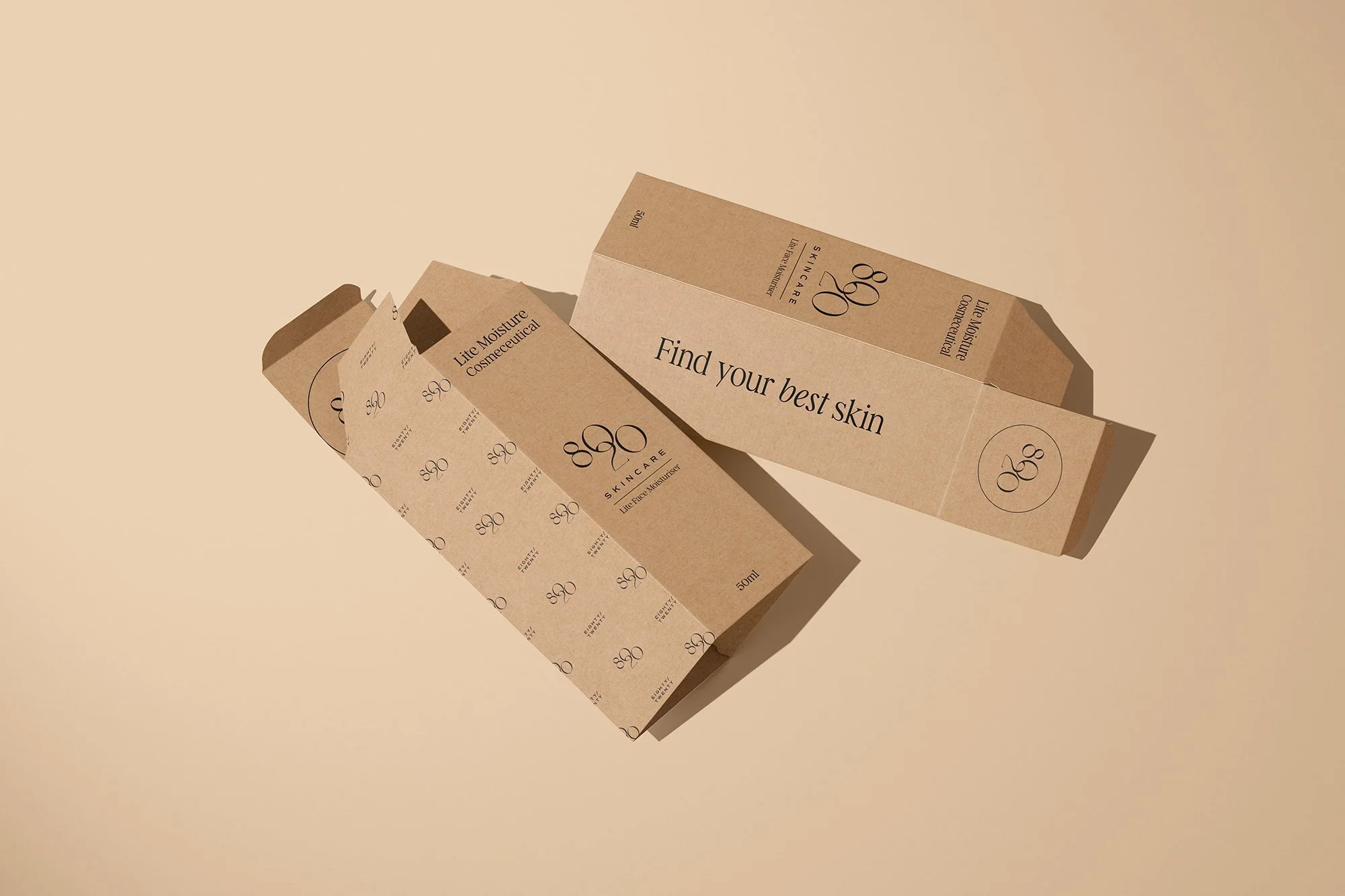 Brown cardboard packaging for 890 Skincare Lite Moisture Cosmeceutical, featuring text 'Find your best skin.'