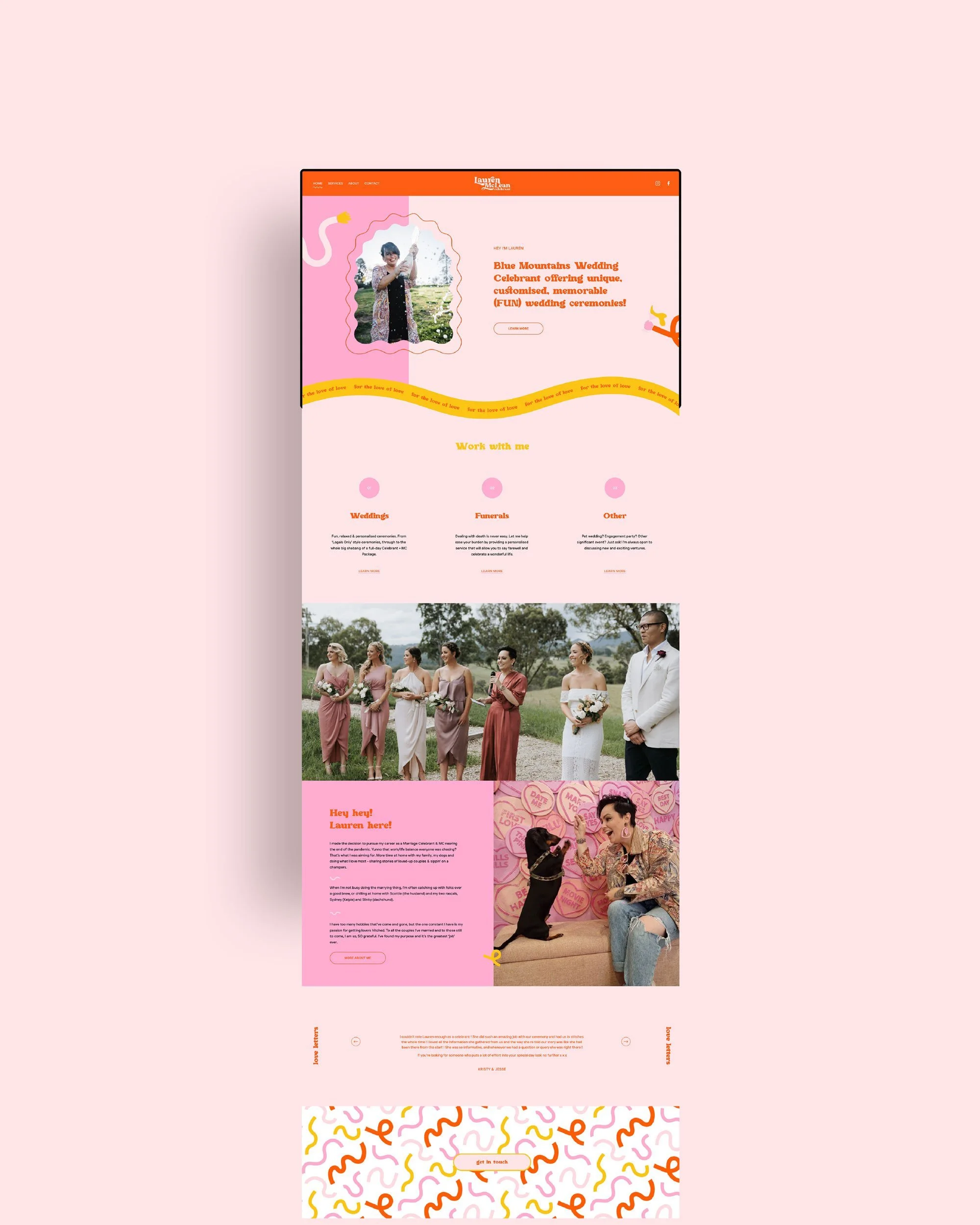 A colorful website design for a wedding celebrating service, featuring a header with navigation, a photo of a girl, sections about weddings, funerals, and other services, wedding photos with a bride and groom, a personal message from Lauren, and a vibrant footer with a patterned background.