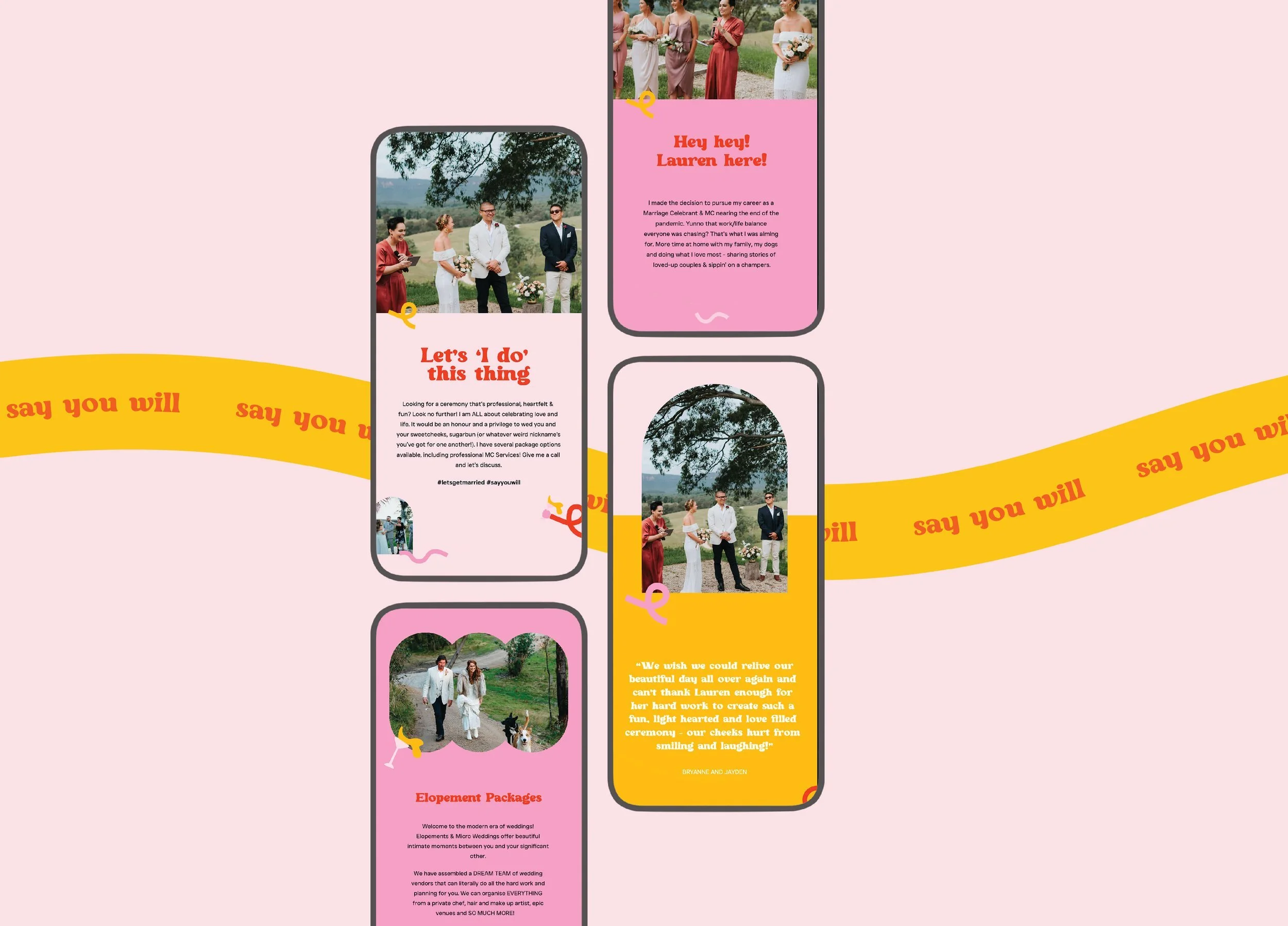 Collage of wedding-themed social media posts on smartphones with photos of couples, ceremonies, and celebratory messages on pink, yellow, and purple backgrounds.