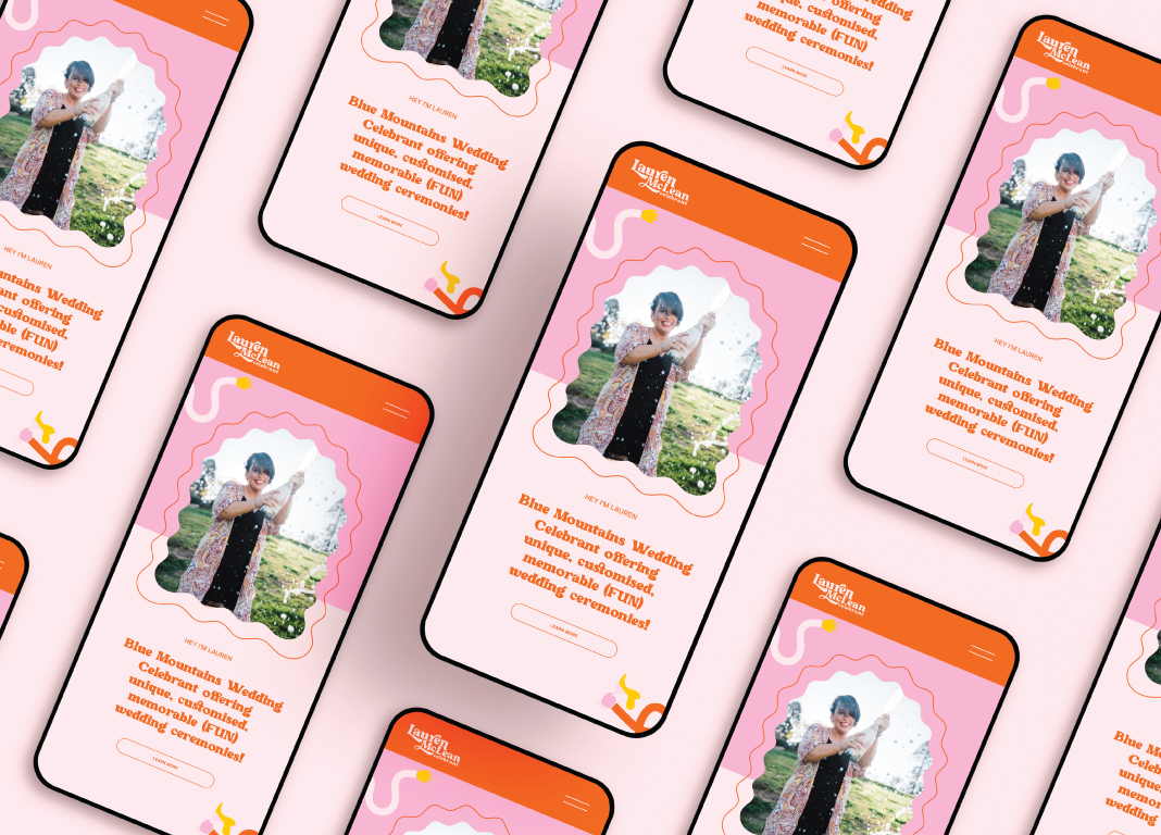 Multiple smartphones displaying a pink and orange promotional wedding invitation for Blue Mountains Wedding, featuring a woman holding a champagne bottle outdoors, with whimsical yellow and pink line art decorations.