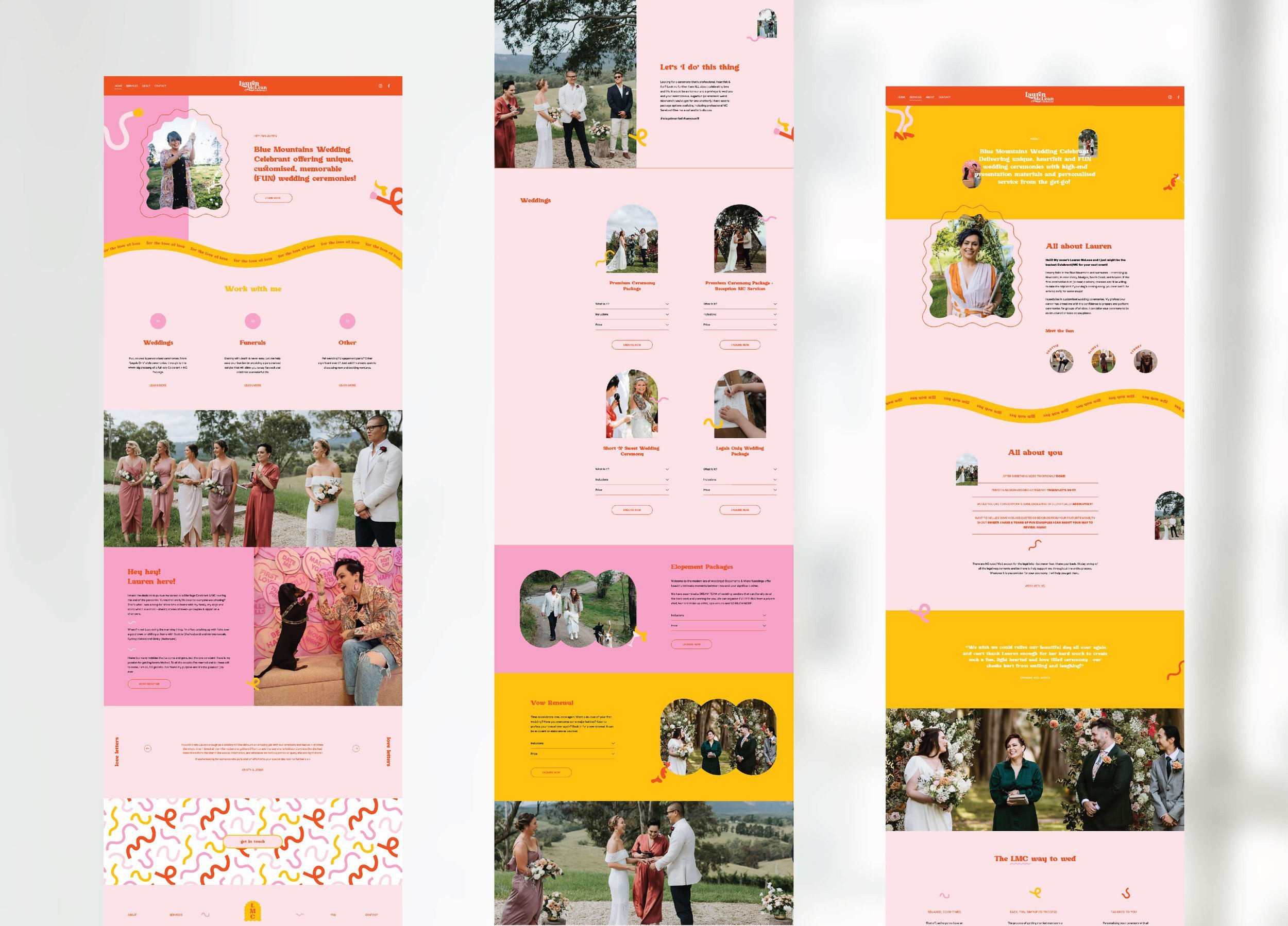Screenshots of a wedding service website with sections about wedding packages, bridal profiles, and client testimonials, featuring images of a wedding ceremony and bride.