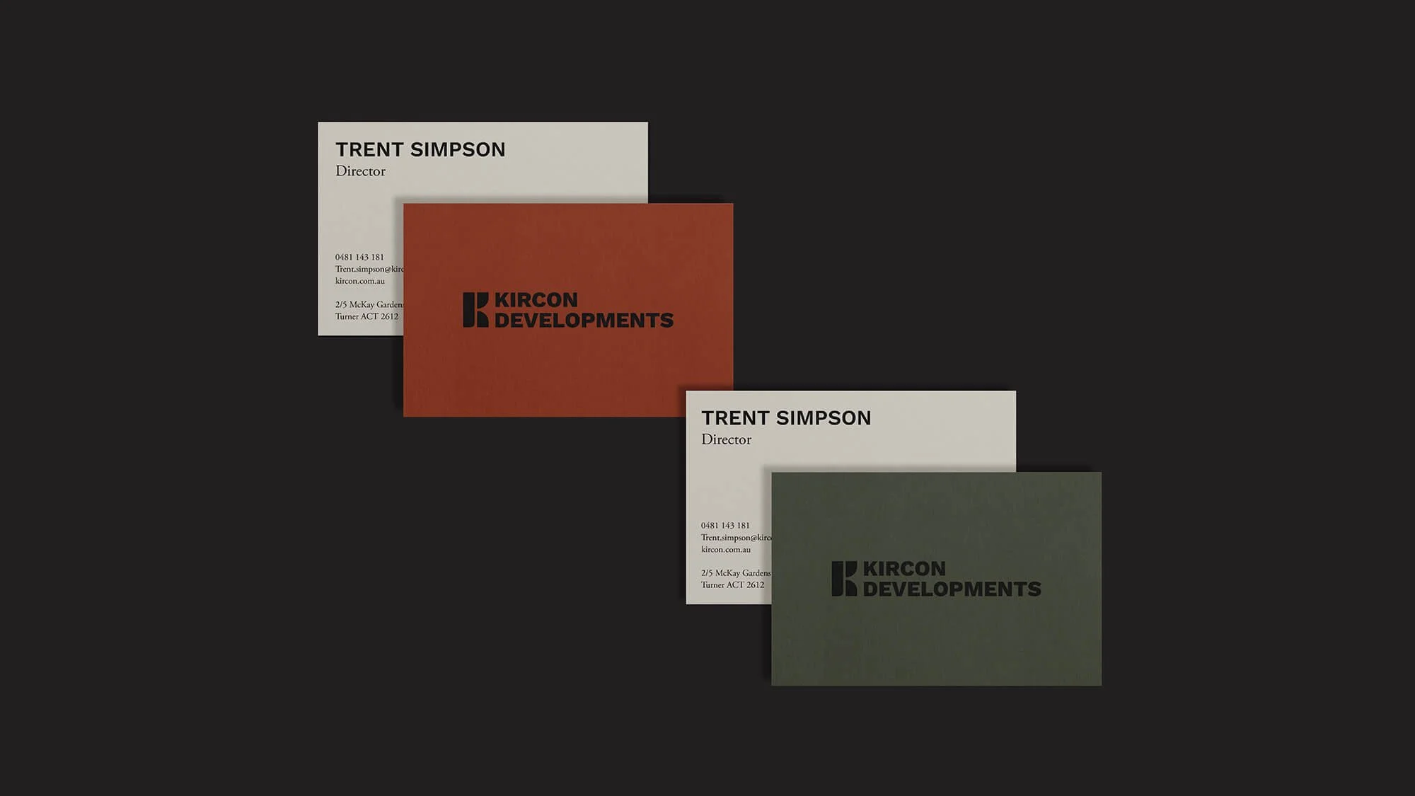 Graphic Design business cards as part of branding project for Kircon Developments by Melbourne based graphic designer Robyn Colton