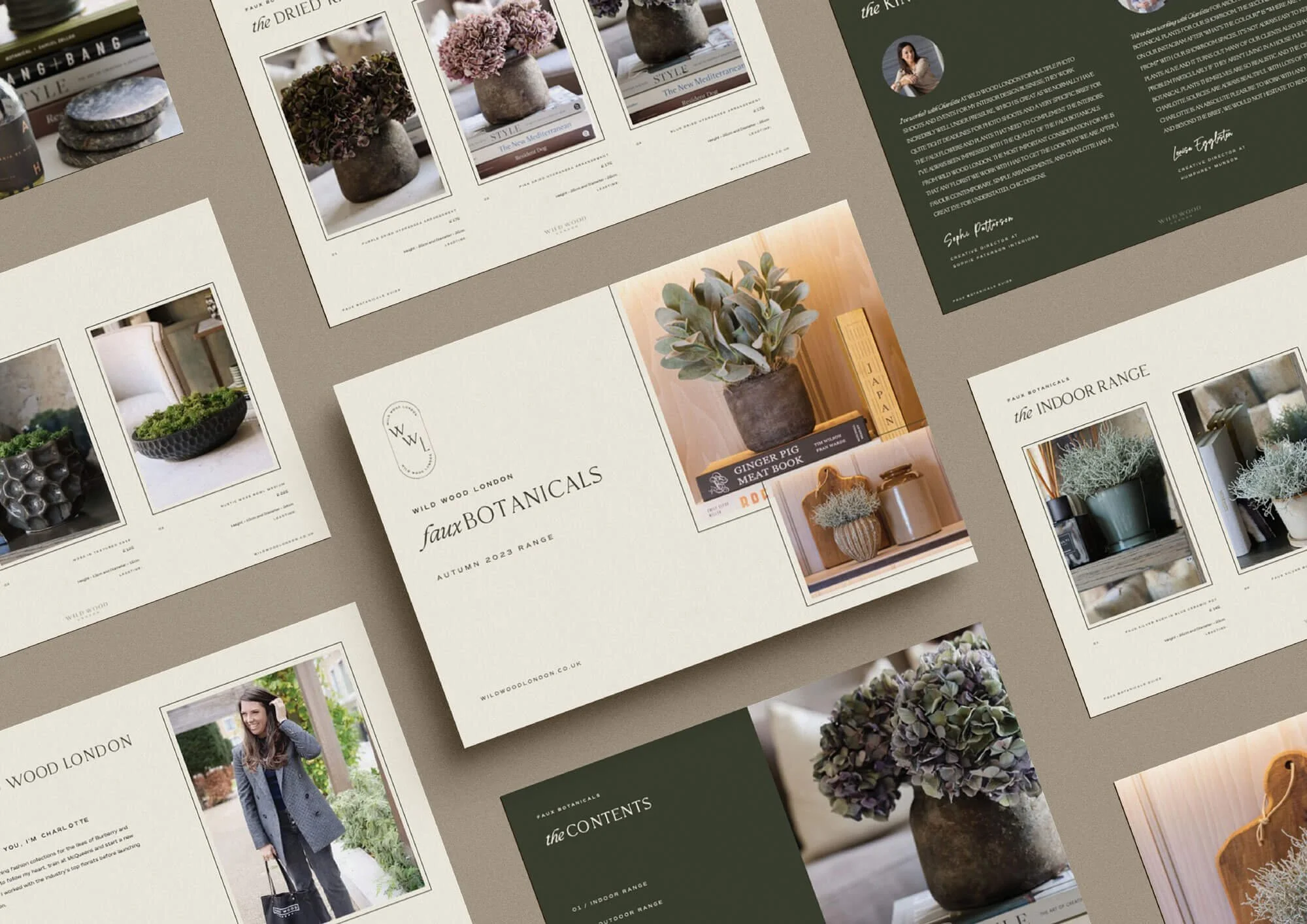 Collage of interior and exterior decorative plants, flowers, vases, and related promotional materials from fauxBOTANICALS Fall/Winter 2023 collection.