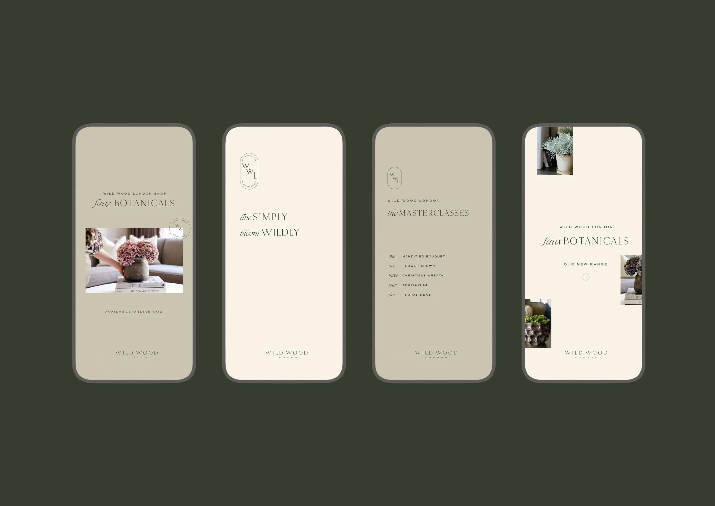 Four mobile screens displaying floral shop website pages with minimalist design, beige backgrounds, text, and images of flower arrangements.