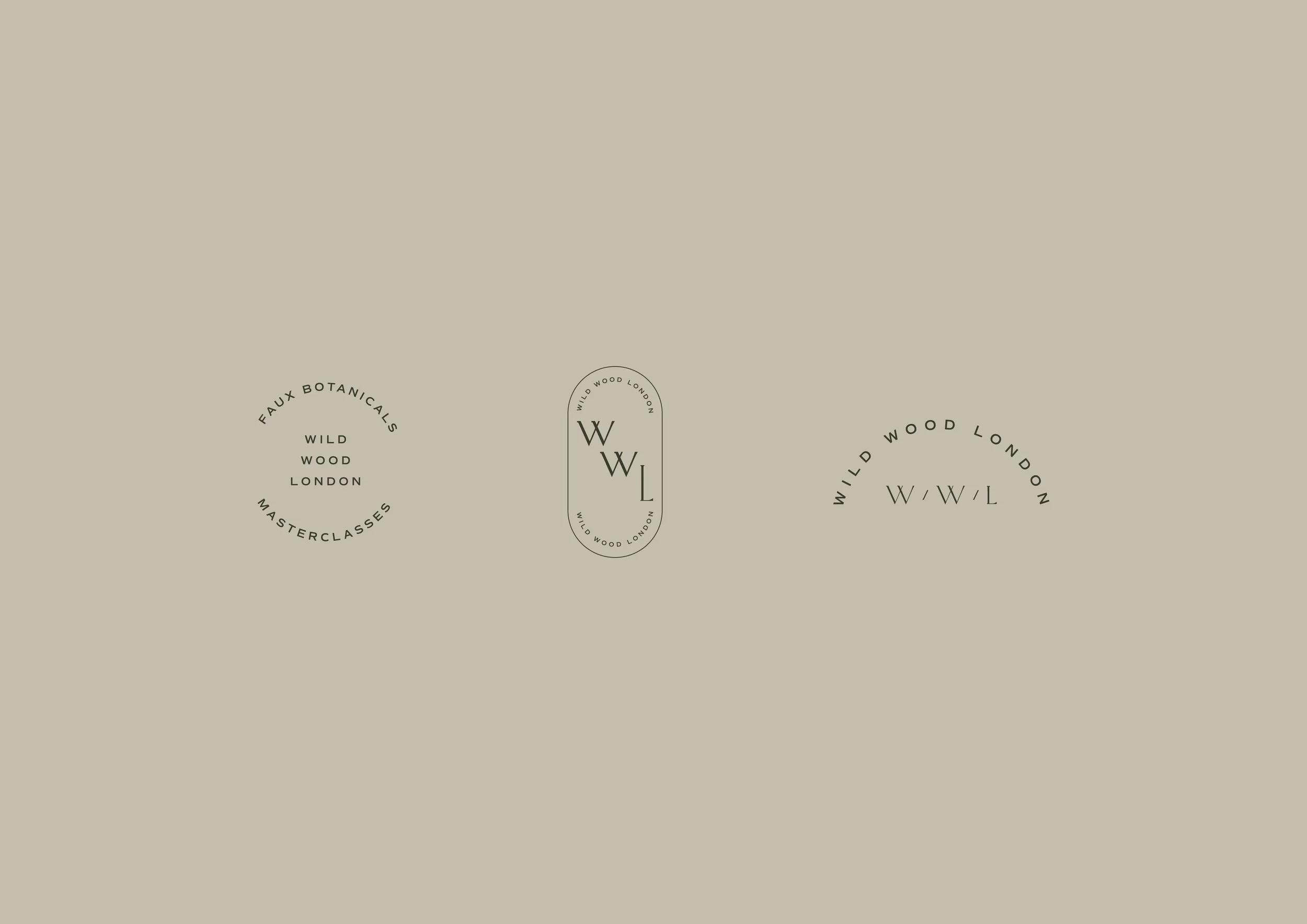 Three minimalist logo designs for Wild Wood London with black text and graphics on a beige background.