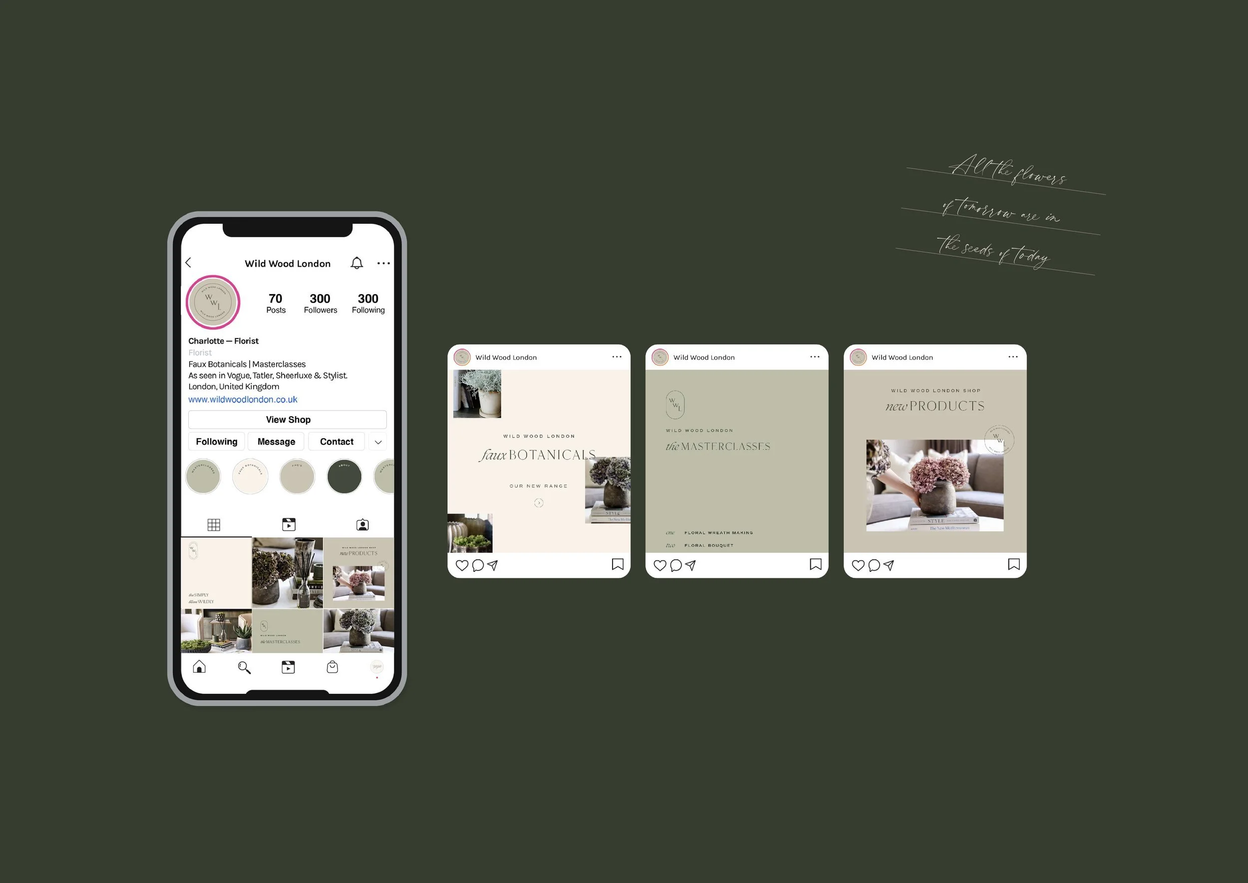 Instagram profile and posts for Wild Wood London, a floral and botanical business, with promotional images of flower arrangements and related products.