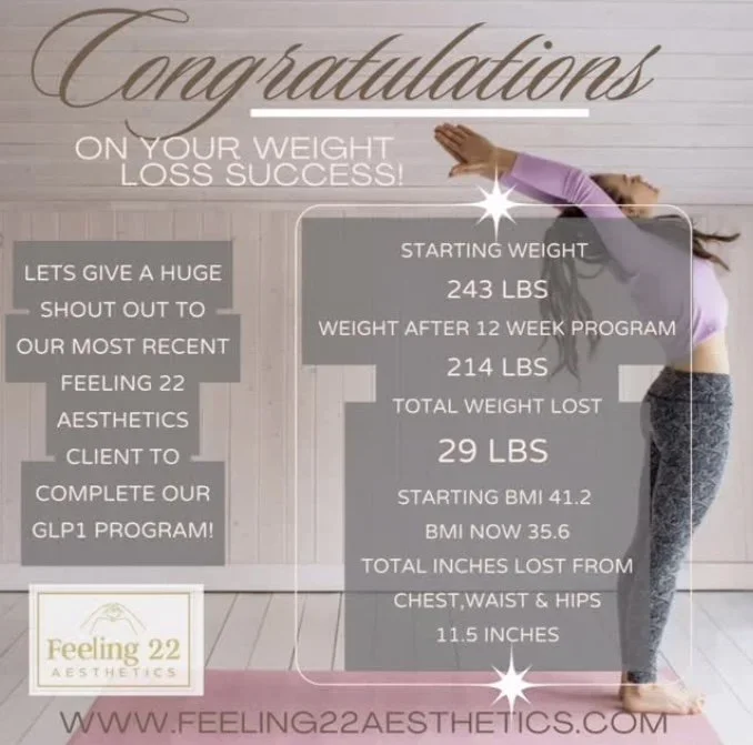 A woman in workout clothes stretching back with arms raised in front of a wall. The image has a congratulatory message about weight loss success, with details on starting weight of 243 lbs, ending weight of 214 lbs, total weight lost of 29 lbs, start