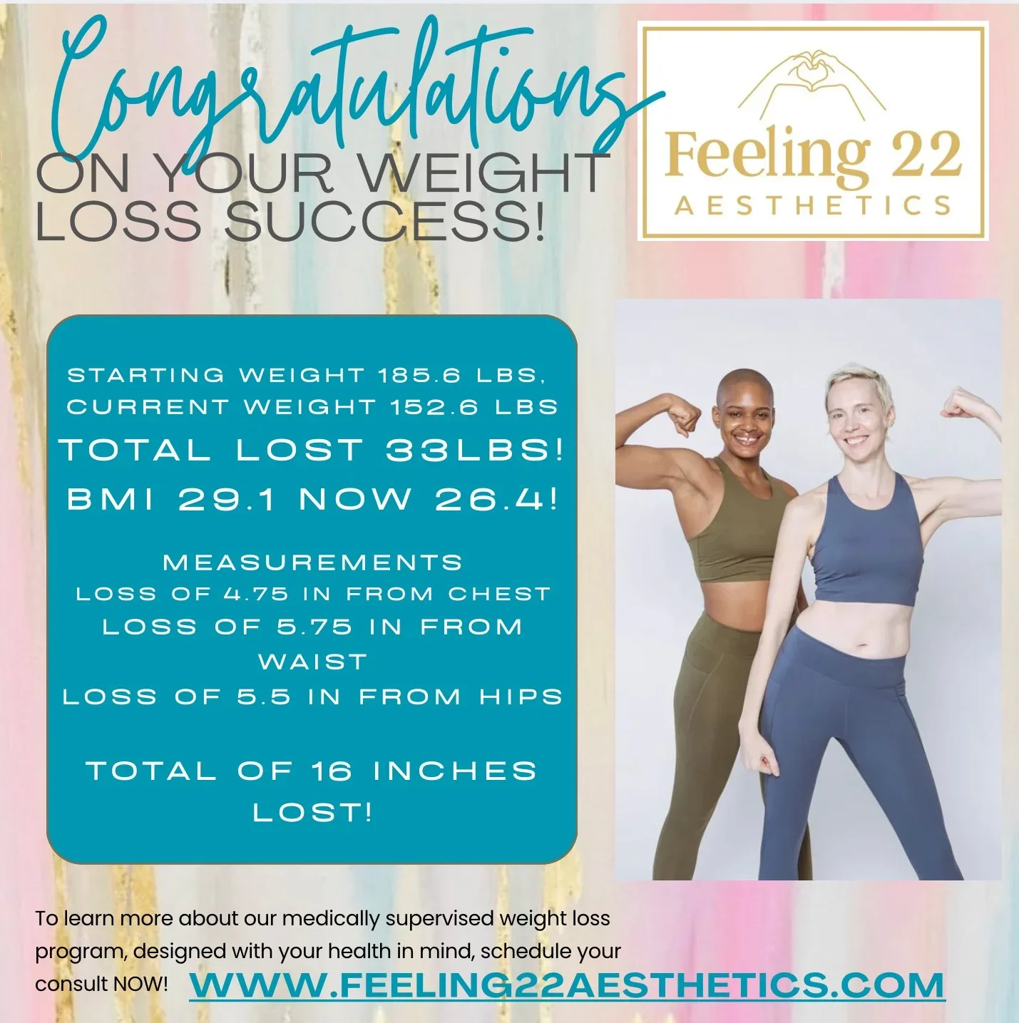 A digital poster celebrating weight loss success with two women flexing their muscles, one of whom is bald, and both smiling. The background features colorful abstract art, and the poster includes text about weight loss achievements and a website for