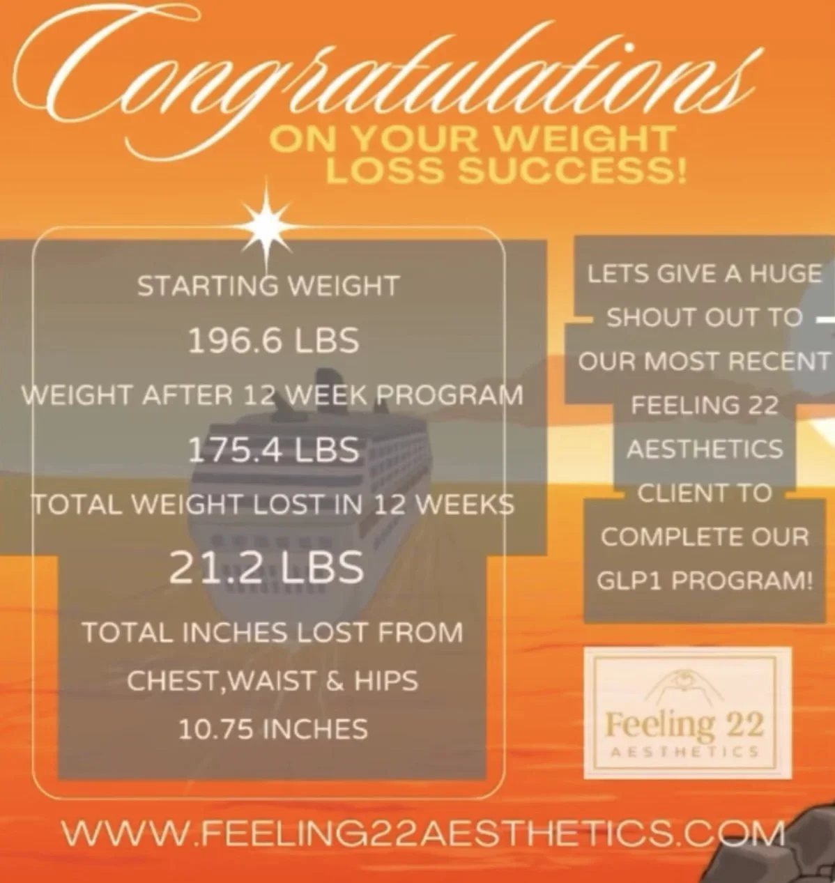 A graphic celebrating weight loss success with details of starting weight, weight after 12 weeks, total weight lost, and inches lost, along with motivational comments and a logo for Feeling 22 Aesthetics.