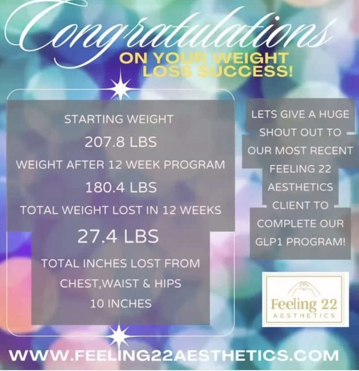 Celebratory graphic displaying weight loss results from Feeling 22 Aesthetics, including starting weight, weight after 12 weeks, total weight lost, and inches lost from chest, waist, and hips, with a colorful, blurred background.