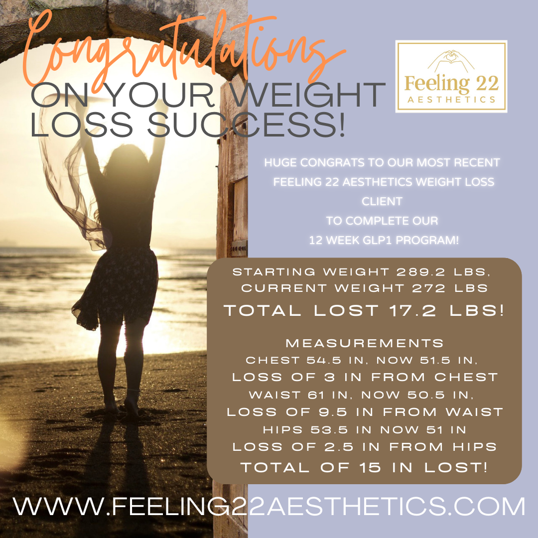A woman standing on the beach at sunset, celebrating a weight loss achievement, with a motivational message from Feeling 22 Aesthetics about her recent weight loss success.