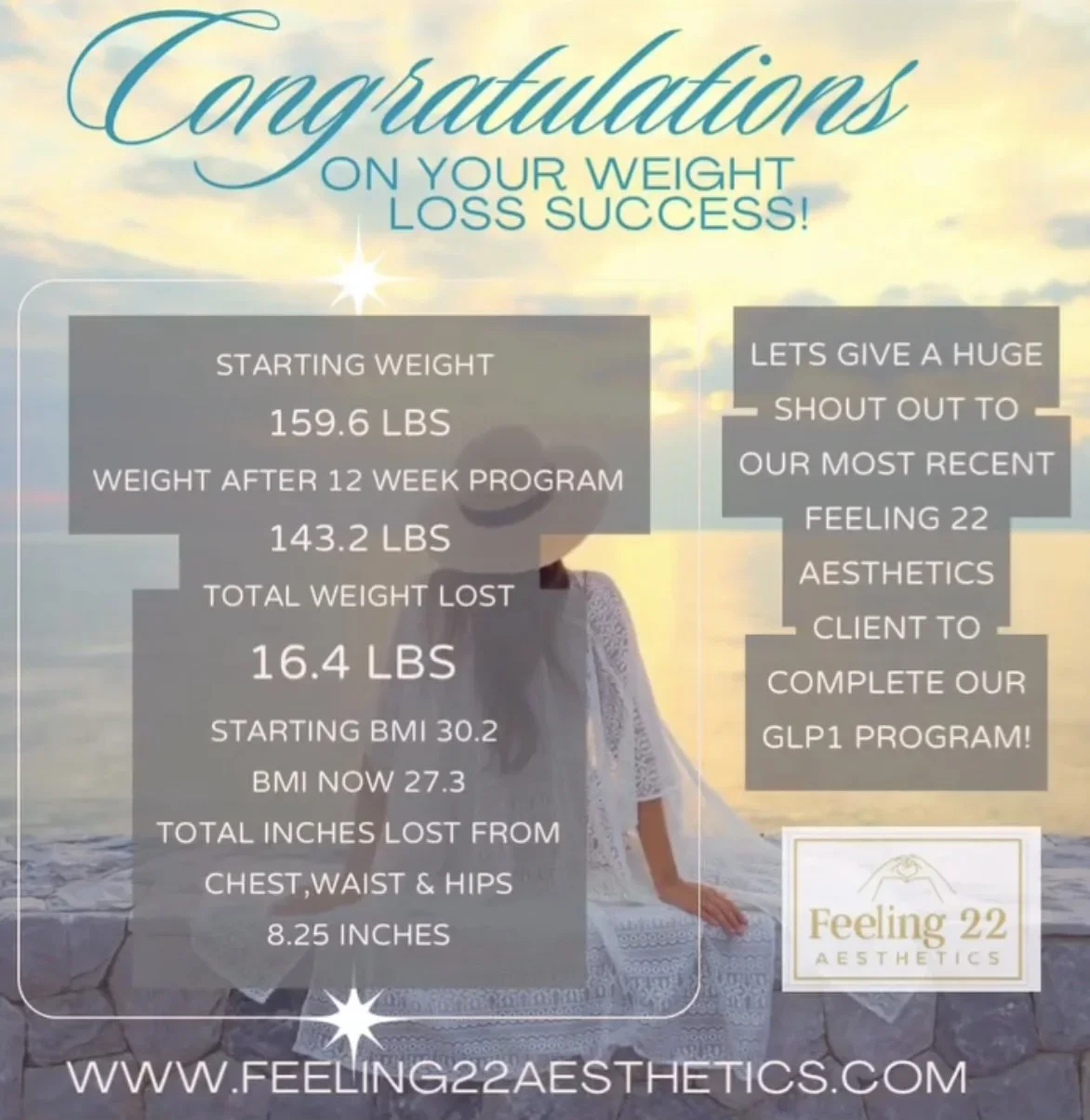 Congratulatory message celebrating weight loss success with before and after measurements and program details, featuring a woman at the beach during sunset.