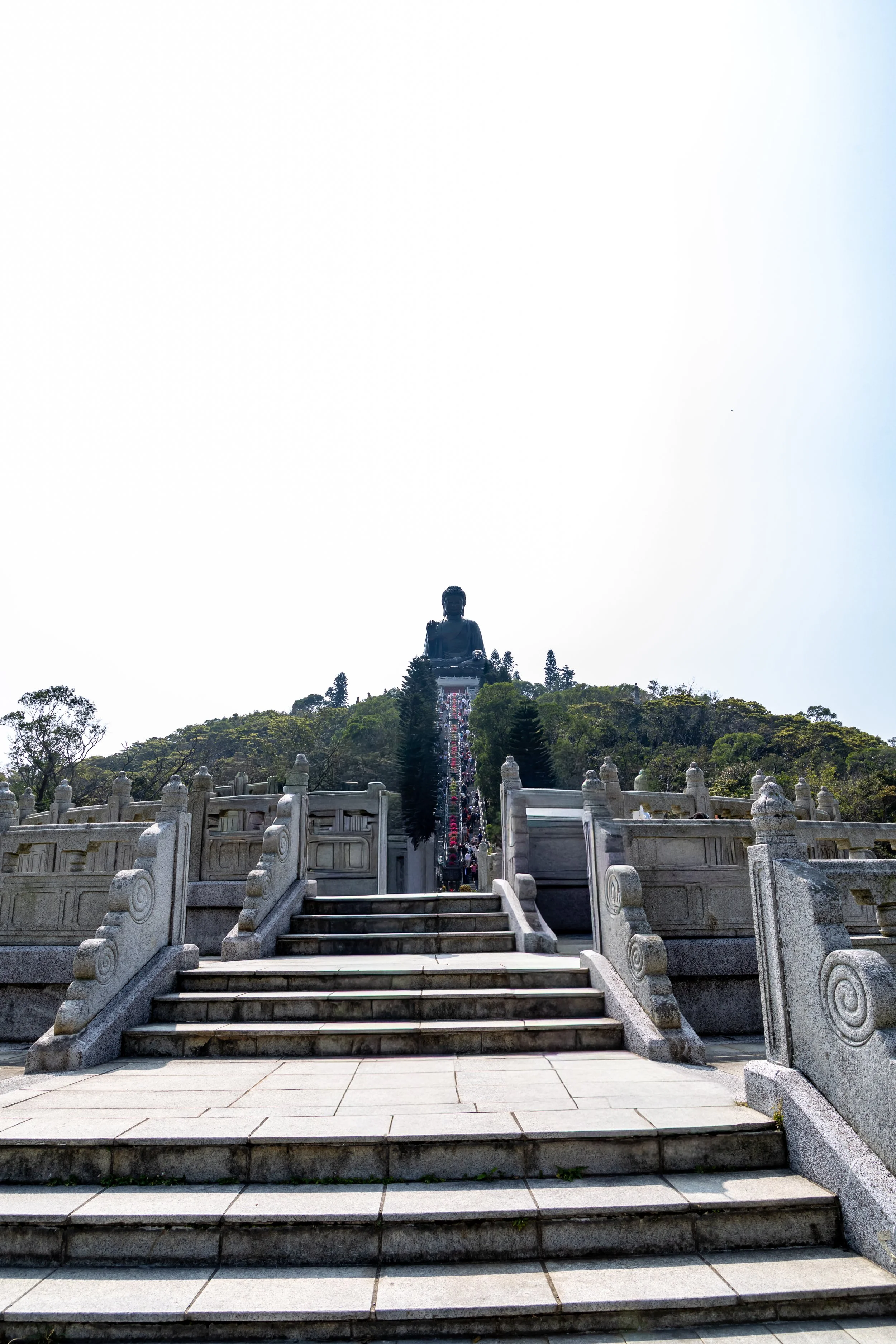 Stone steps leading up to a large seated Buddha statue on a hill with trees and greenery around.