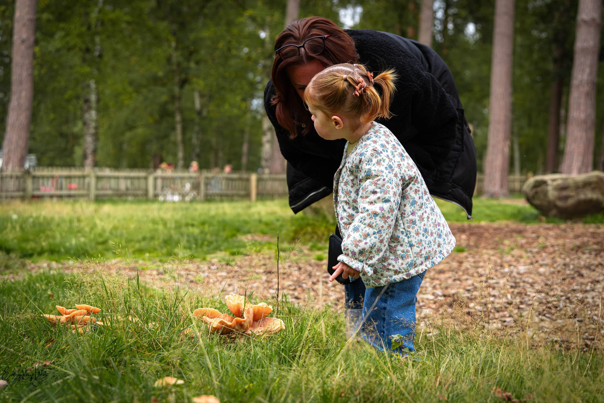 A woman and a young girl are outdoors in a wooded area, examining orange mushrooms growing in the grass.