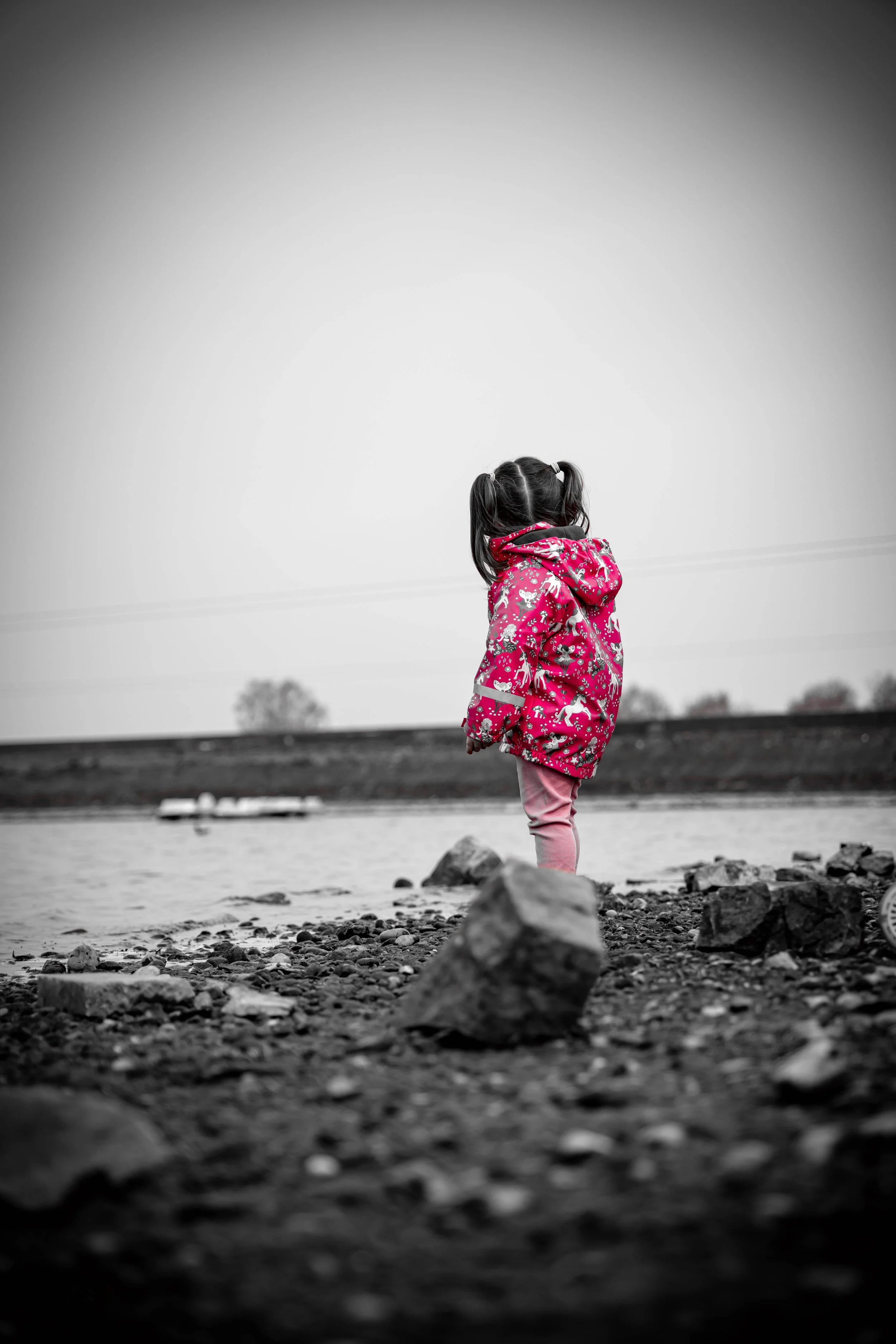 A young girl in a colorful pink coat standing by a body of water, with her back turned. The image is mostly in black and white, with her coat in color.