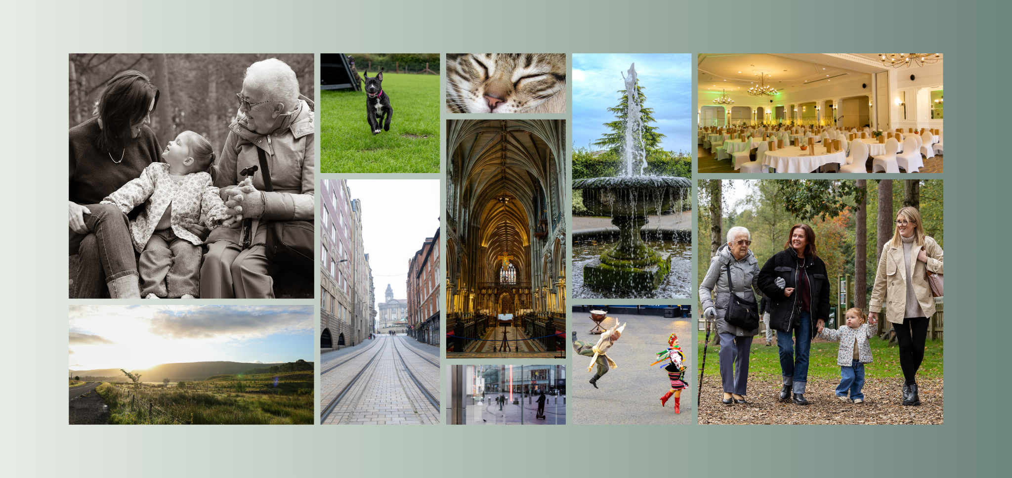 A collage of various scenes including a family in a park, a black dog running on grass, a close-up of a cat's face, a city street, a historic cathedral interior, an outdoor fountain, a well-lit banquet hall, a rural landscape at sunset, a group of women and a child walking in a park, children playing in a virtual game, and an elegant hotel lobby.