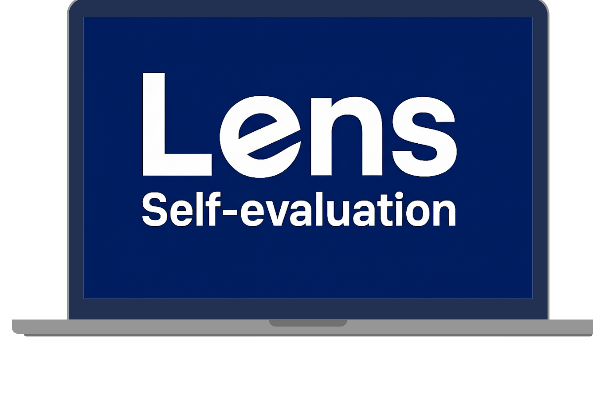 Laptop screen displaying the words "Lens Self-evaluation" on a blue background.