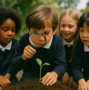 Children observing a young plant with a magnifying glass during an outdoor science activity