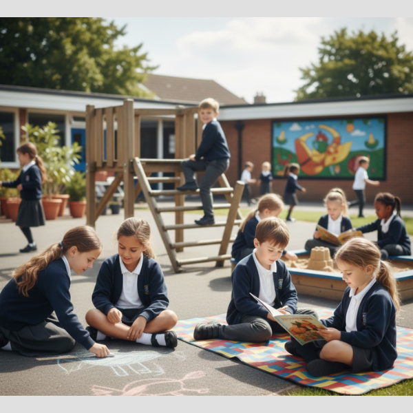 Children playing and reading outside at a school playground, with a mural in the background.