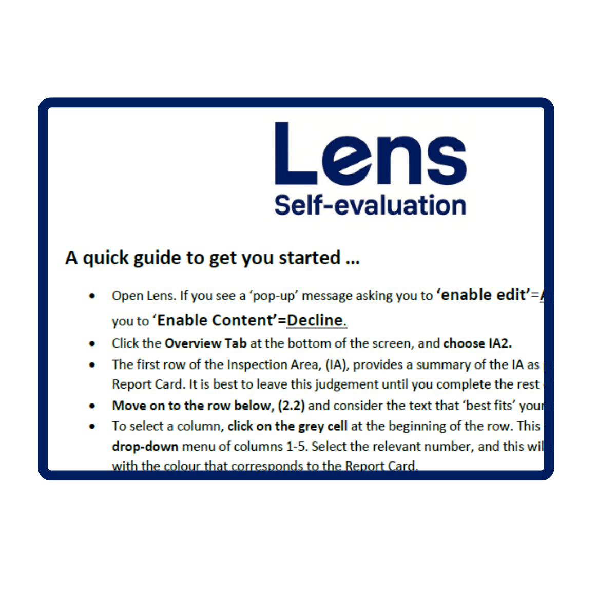 A digital screenshot of a guide titled 'Lens Self-evaluation' with instructions on how to use the Lens tool, including steps to enable editing, choose an inspection area, and select columns within a grid.