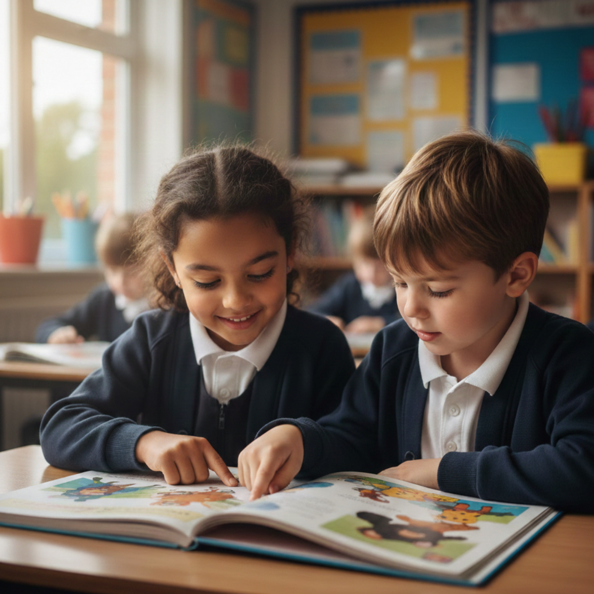 Two young children, a girl and a boy, are sitting at a school desk reading a colorful picture book together in a classroom.