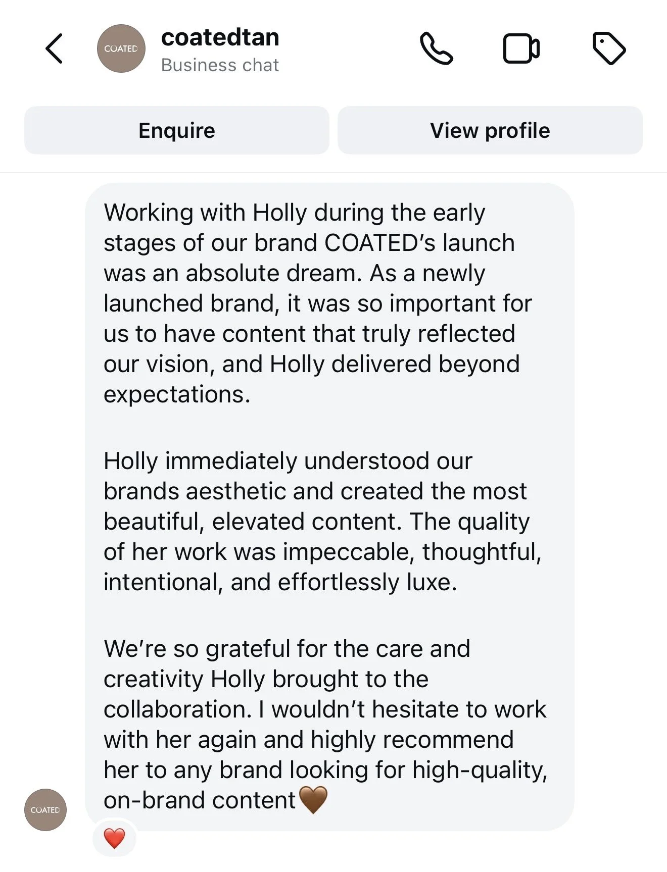 Screenshot of a business chat conversation with a message praising Holly's work on content for COATED's launch, highlighting her creativeness, attention to aesthetic detail, and professionalism.
