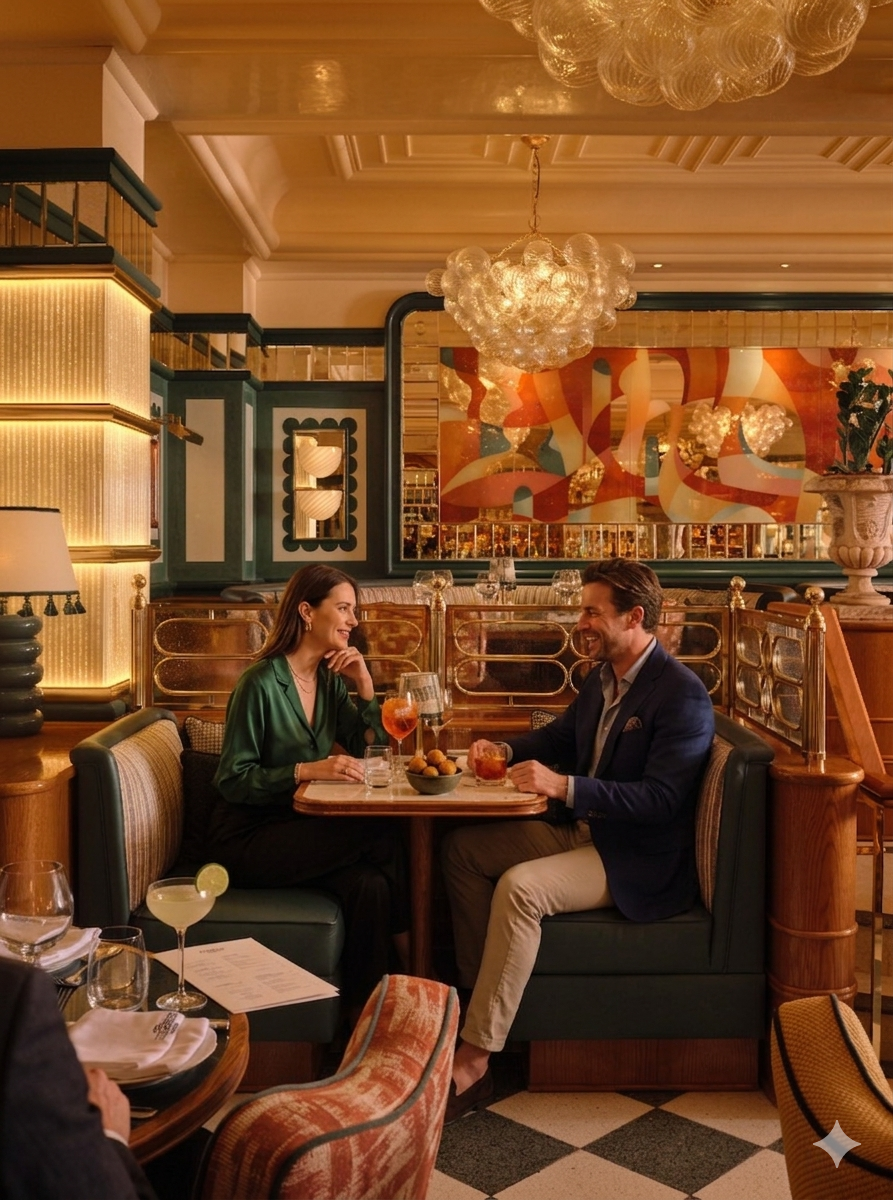 Un homme et une femme souriants, assis à une table dans un restaurant élégant, en train de boire des cocktails.