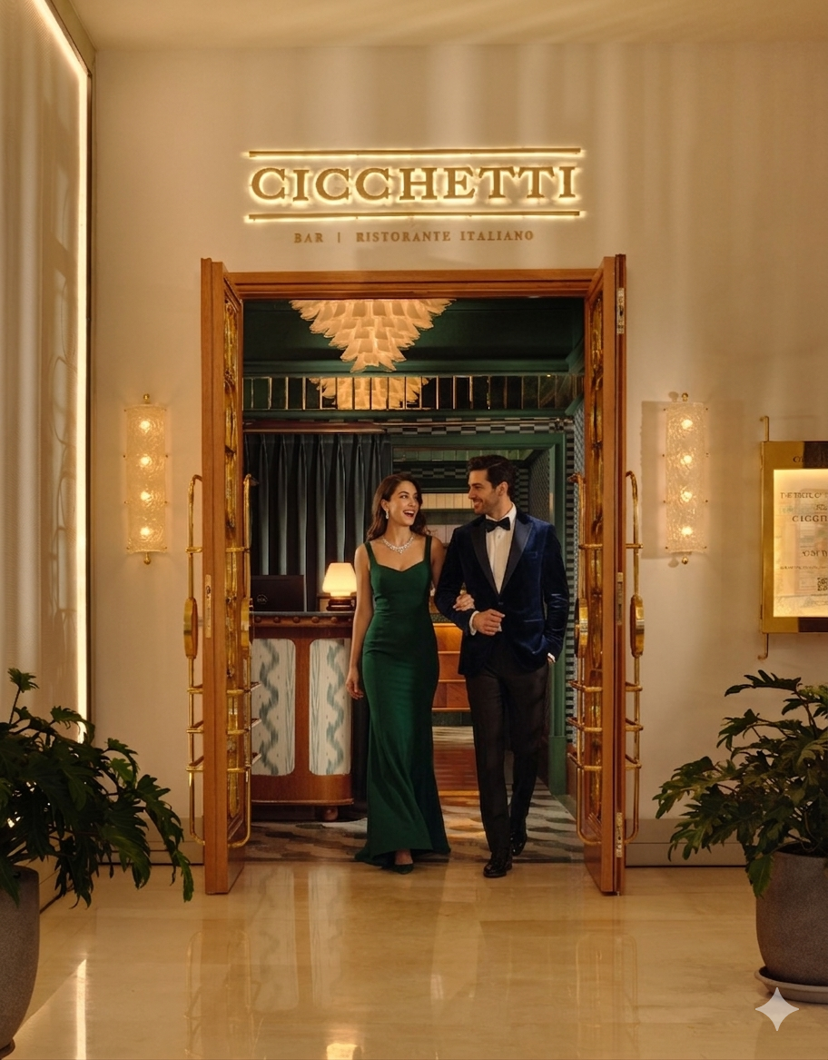 Un couple élégant entre dans un restaurant italien chic nommé 'Cicchetto'. La femme porte une robe verte et le homme un costume noir avec un nœud papillon.