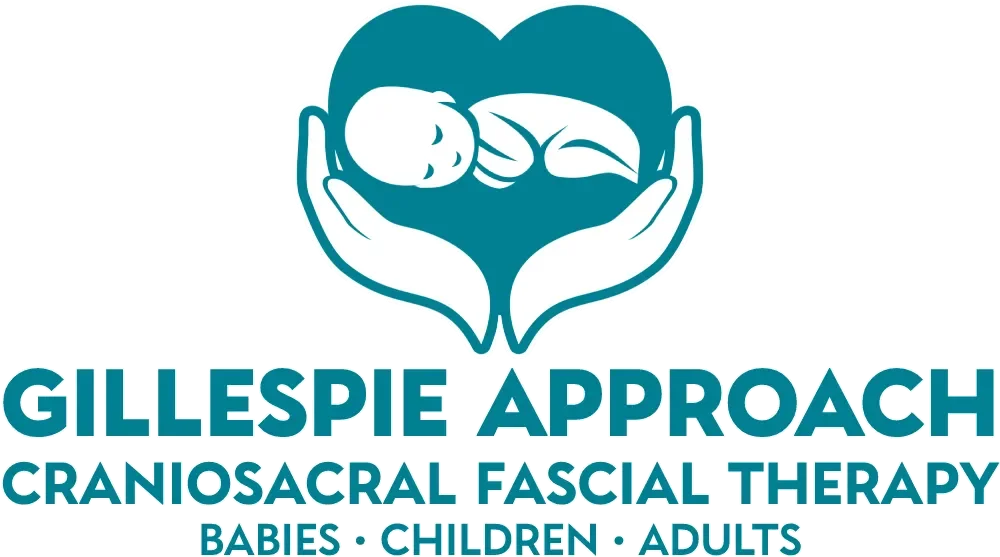 Logo for Gillespie Approach Craniosacral Facial Therapy features a graphic of a baby curled up in hands, with the business name and services listed for babies, children, and adults.
