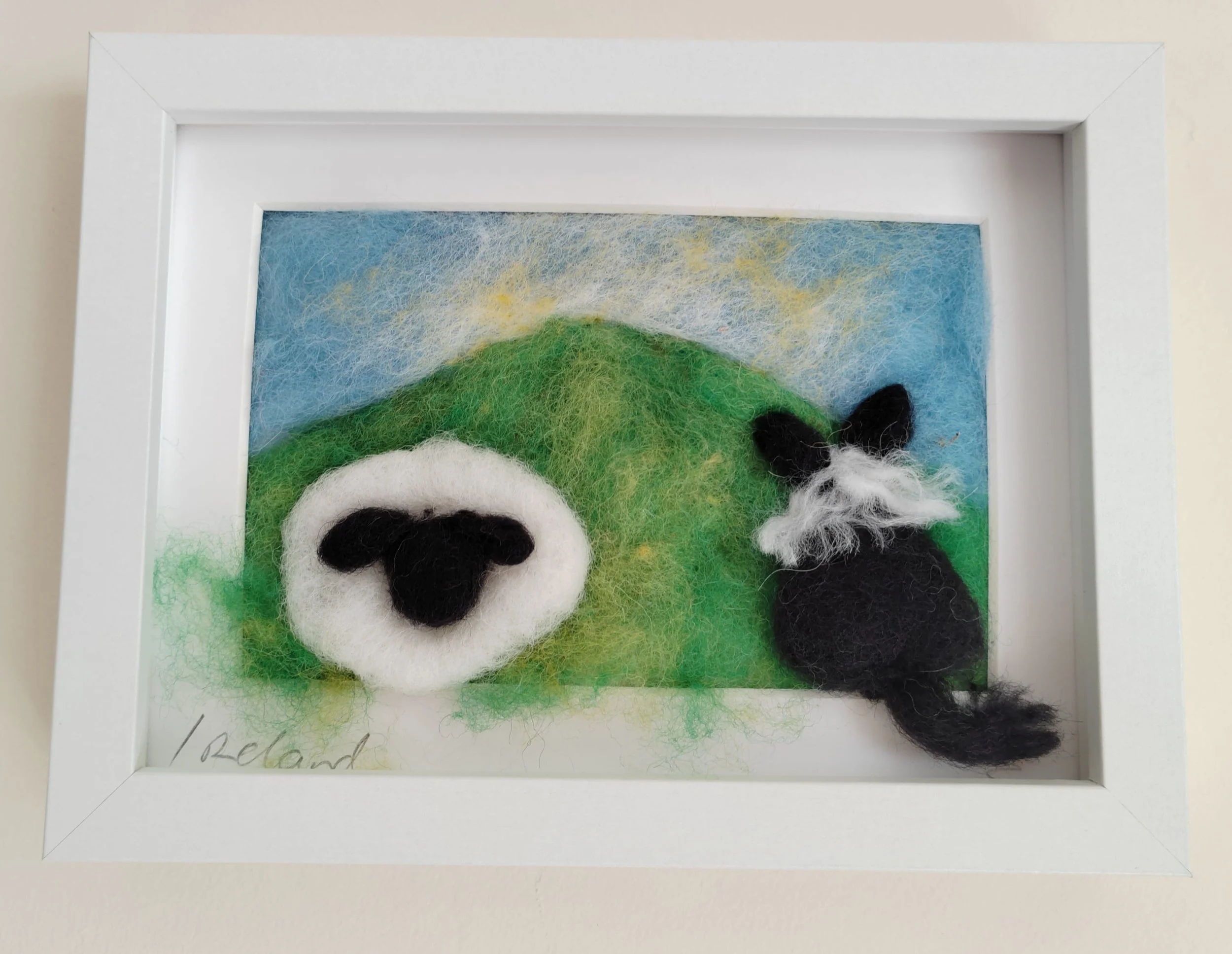 Sheep with Sheepdog Grazing in a Green Pasture – Felted Picture
