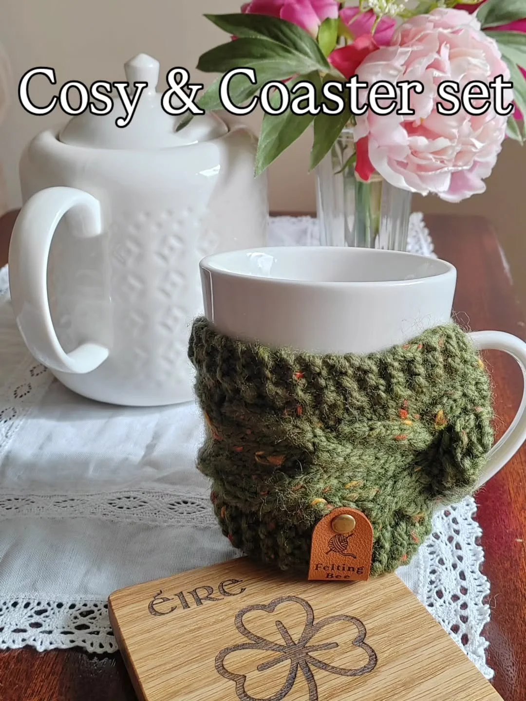 Launching my Cosy a Coaster Gift Set. Handmade knitted woolen Cosy with Aran stitches, along with a beautiful handcrafted Irish oak coaster. Perfect for your home or for gifting. 
Cosasters made by my collaborator Dubhtail_Woodcraft.