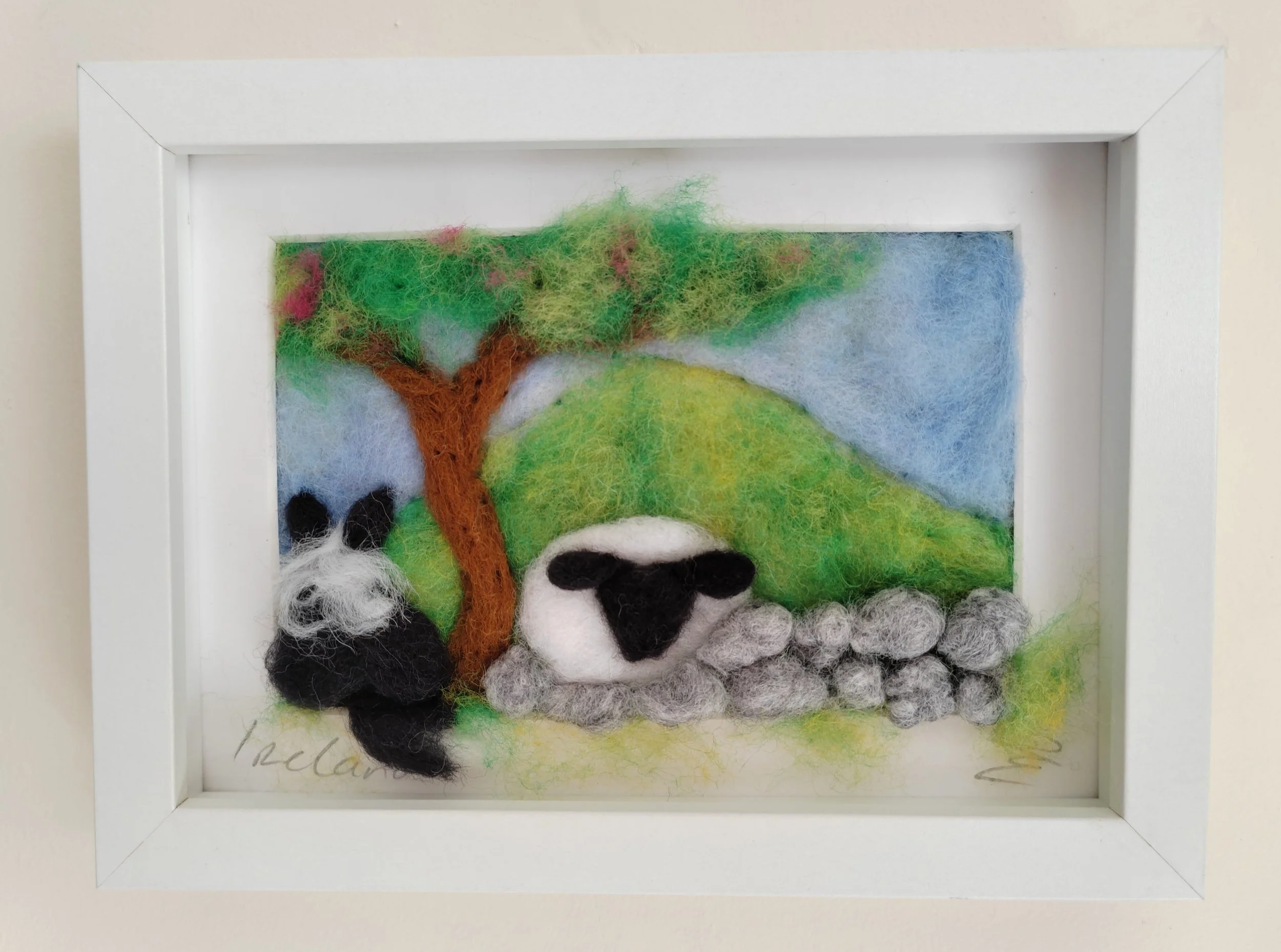 Sheep and Sheepdog by a Tree and Stone Wall – Felted Picture