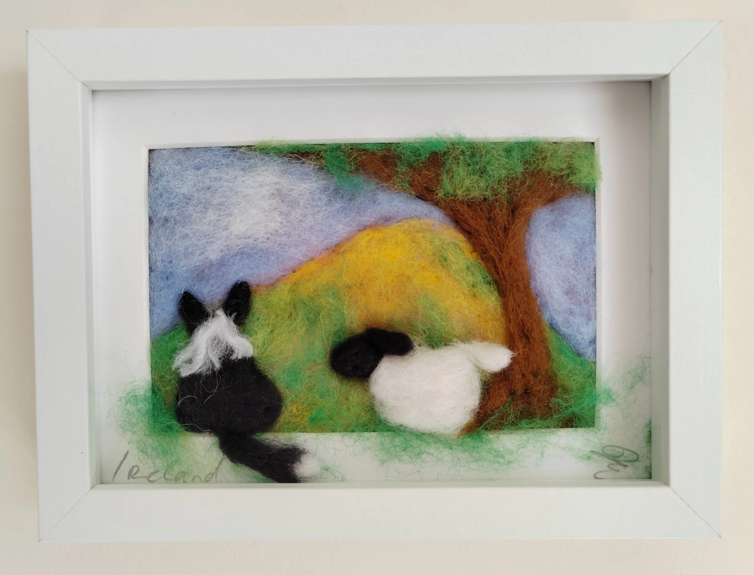 Sheep Herded by Sheepdog in an Irish Meadow - Felted Picture
