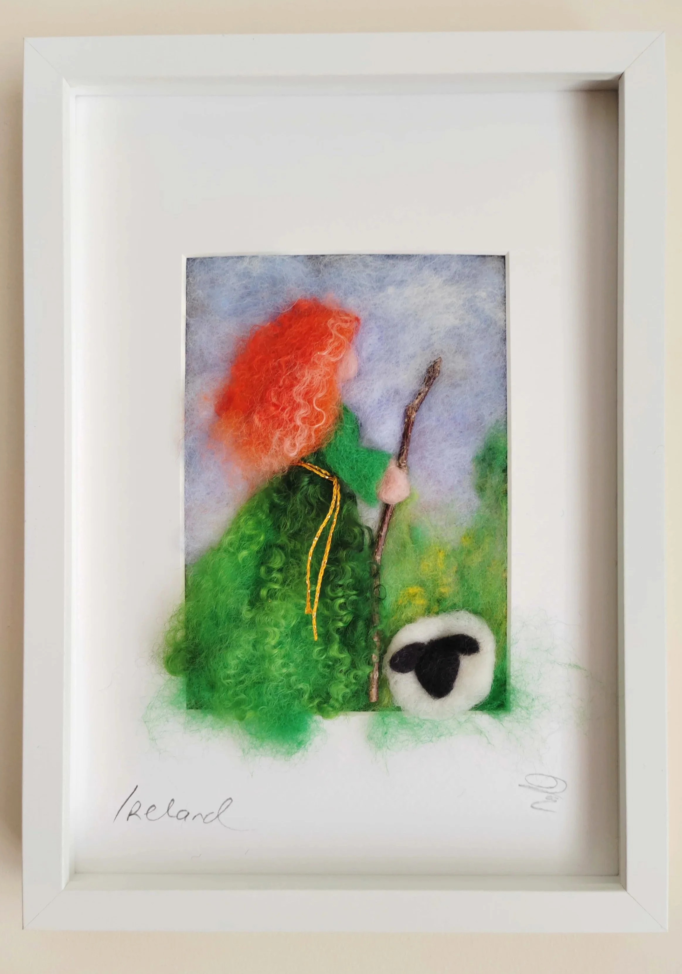 Irish Colleen Herding Sheep by Day – Felted Picture