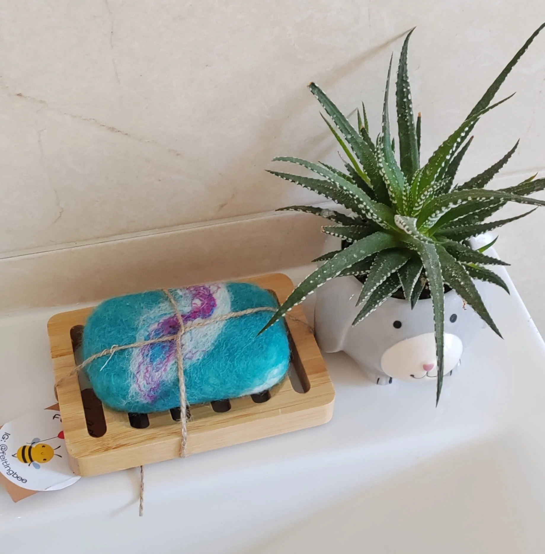 Turquoise Blue Felted Soap Bar with Bamboo Rack