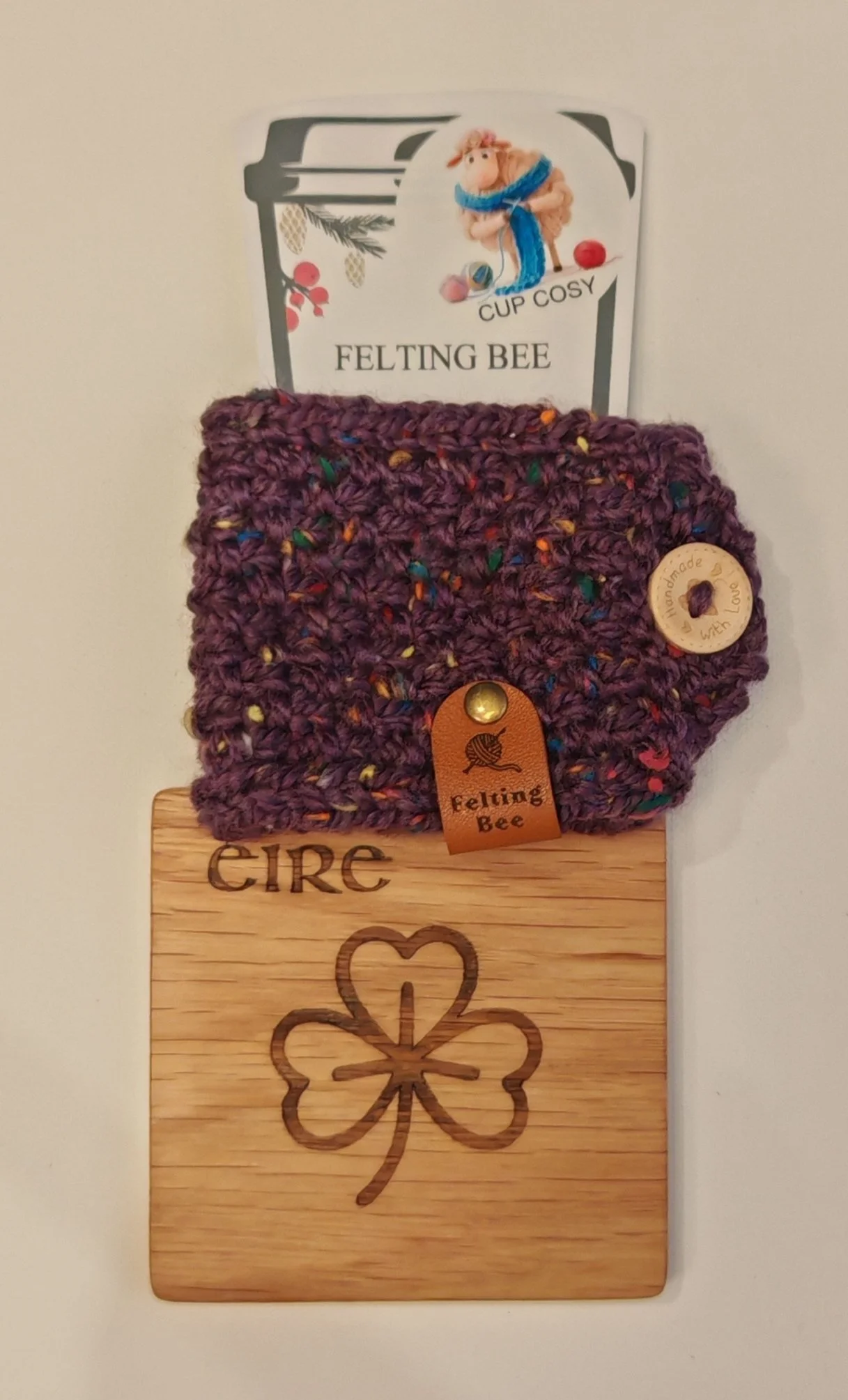 Woollen Cup Cosy & Oak Coaster Gift Set
